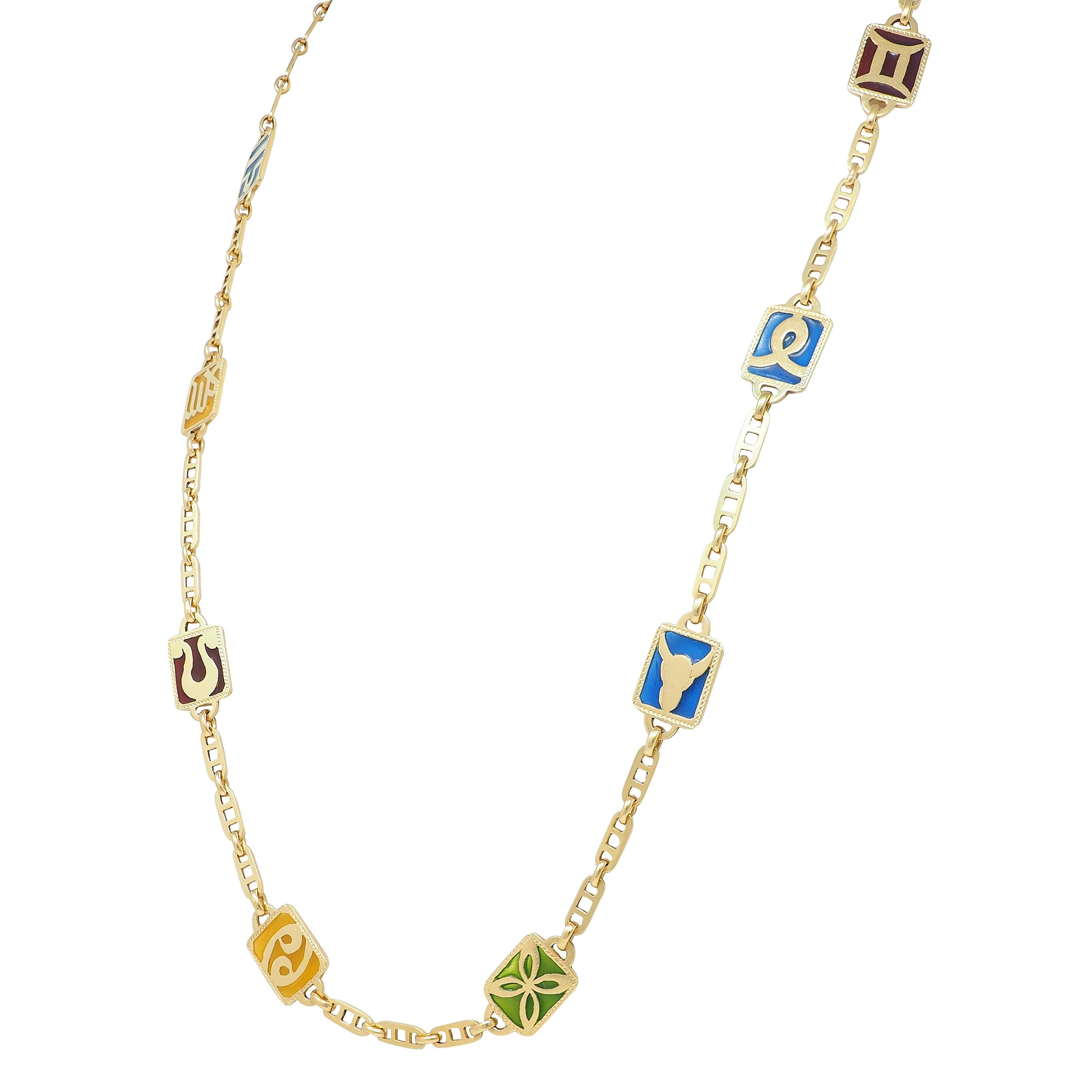 1970's Pliqué-A-Jour Enamel 18 Karat Yellow Gold Vintage Zodiac Station Necklace