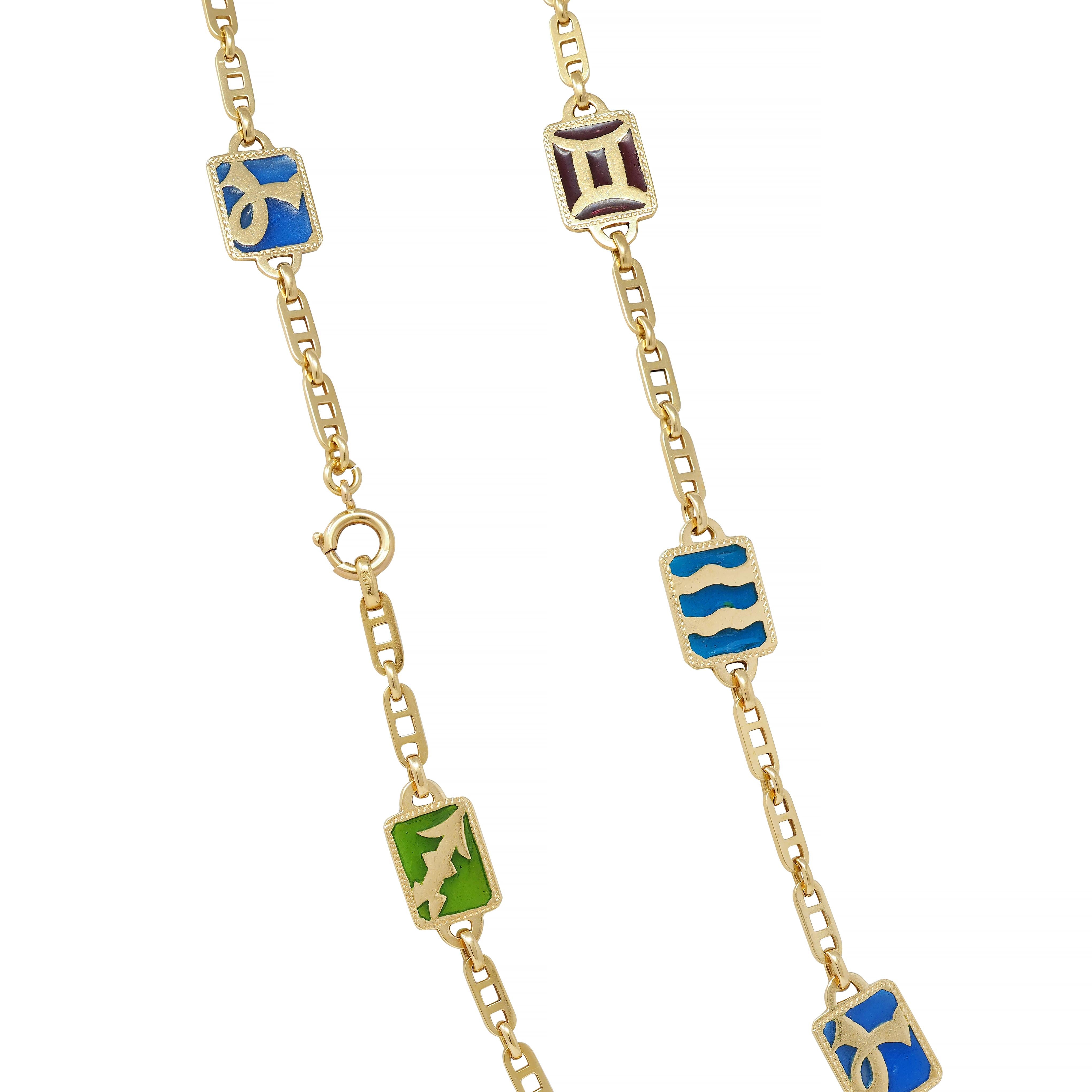 1970's Pliqué-A-Jour Enamel 18 Karat Yellow Gold Vintage Zodiac Station Necklace