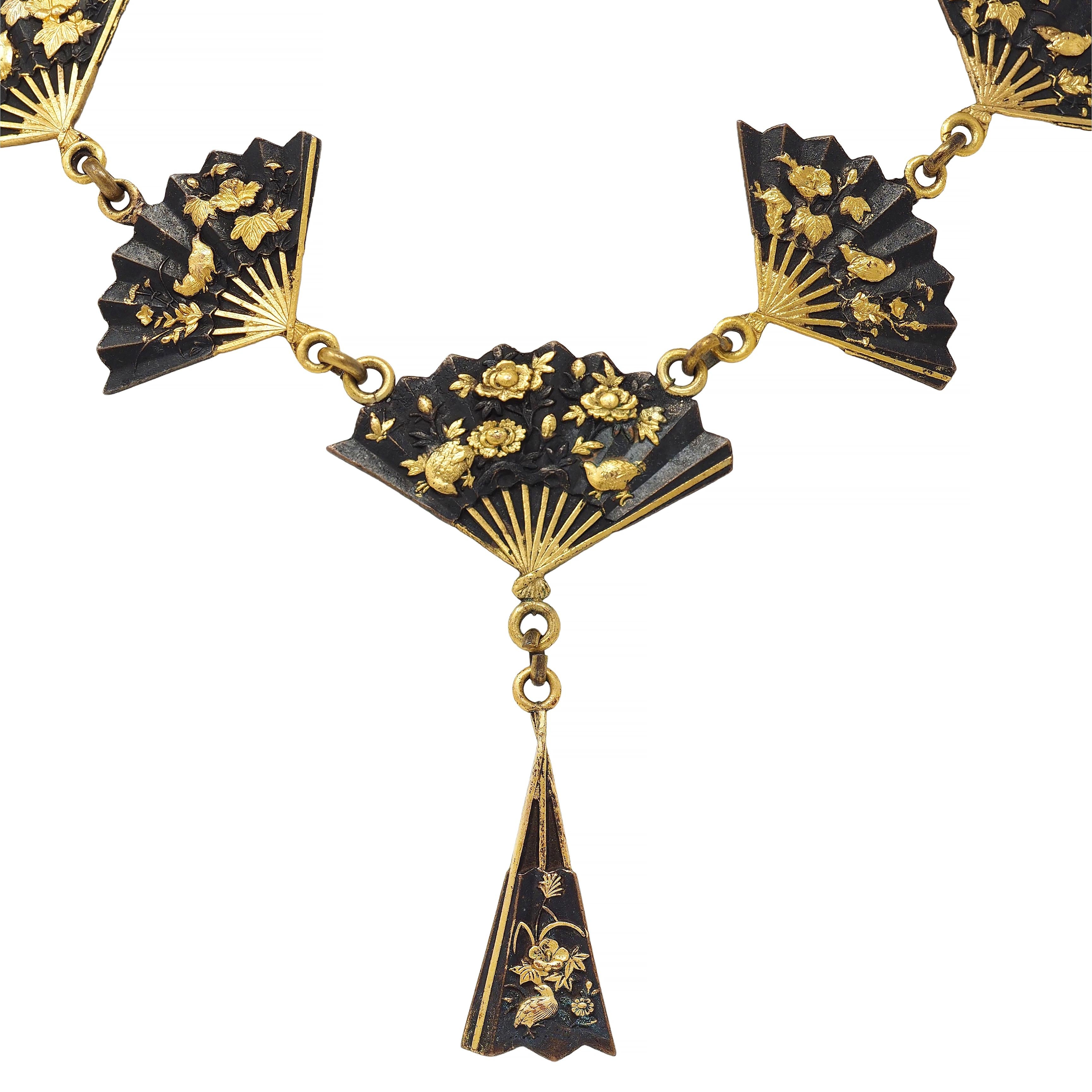 Victorian Shakudo 14 Karat Yellow Gold Antique Japanese Fan Sautoir Necklace