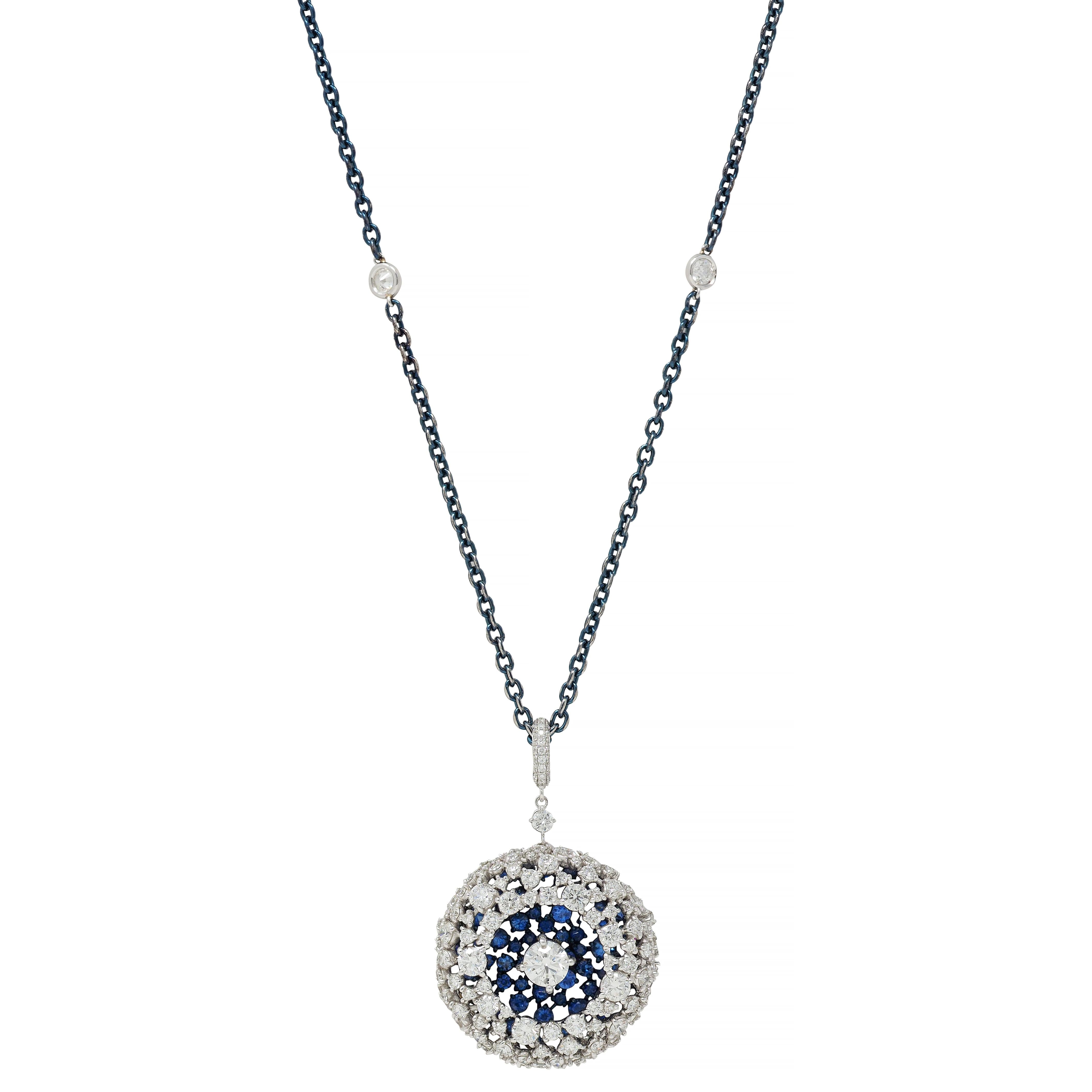 Mariani 7.25 CTW Sapphire Diamond 18K Gold Blue Rhodium PonPon Pendant Necklace