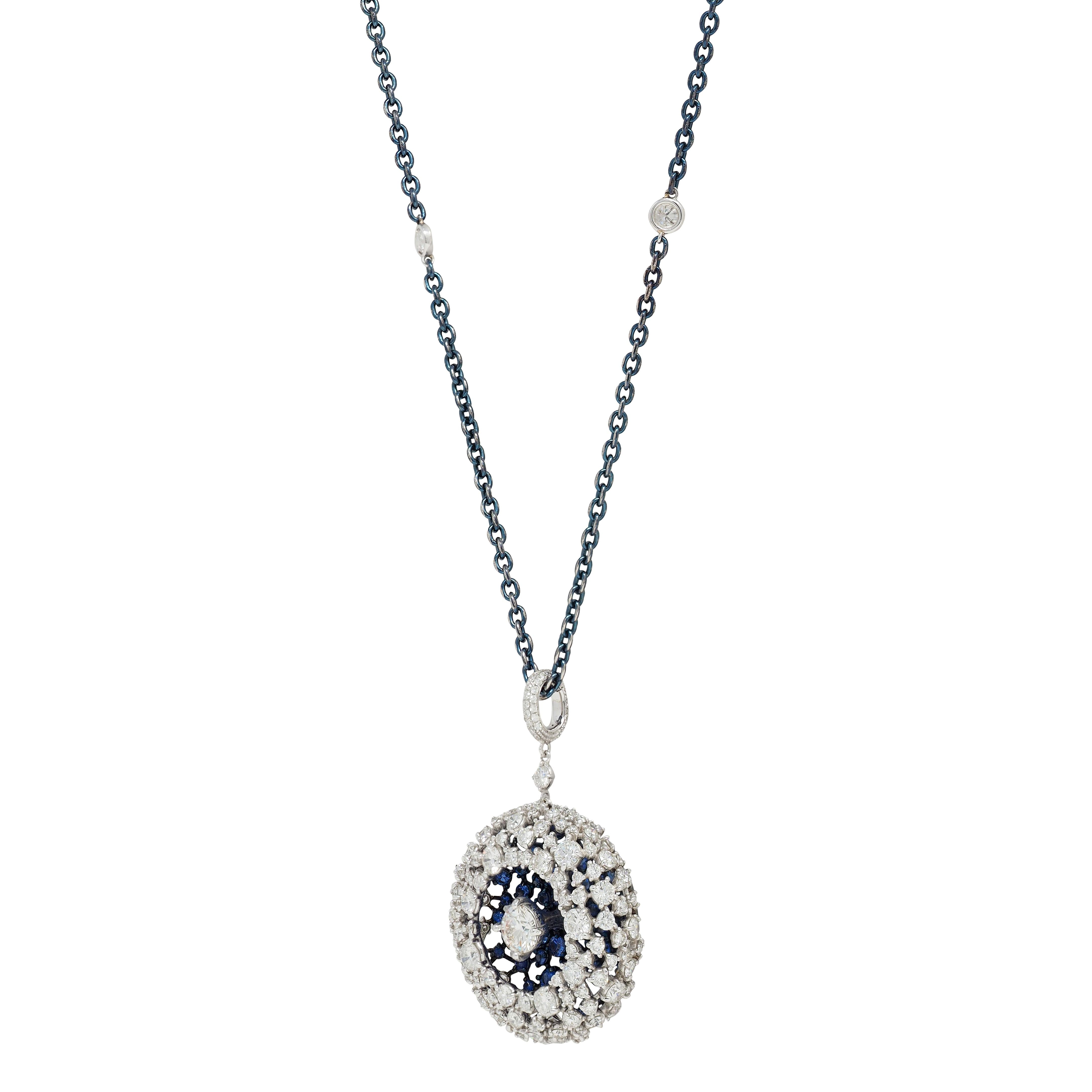 Mariani 7.25 CTW Sapphire Diamond 18K Gold Blue Rhodium PonPon Pendant Necklace