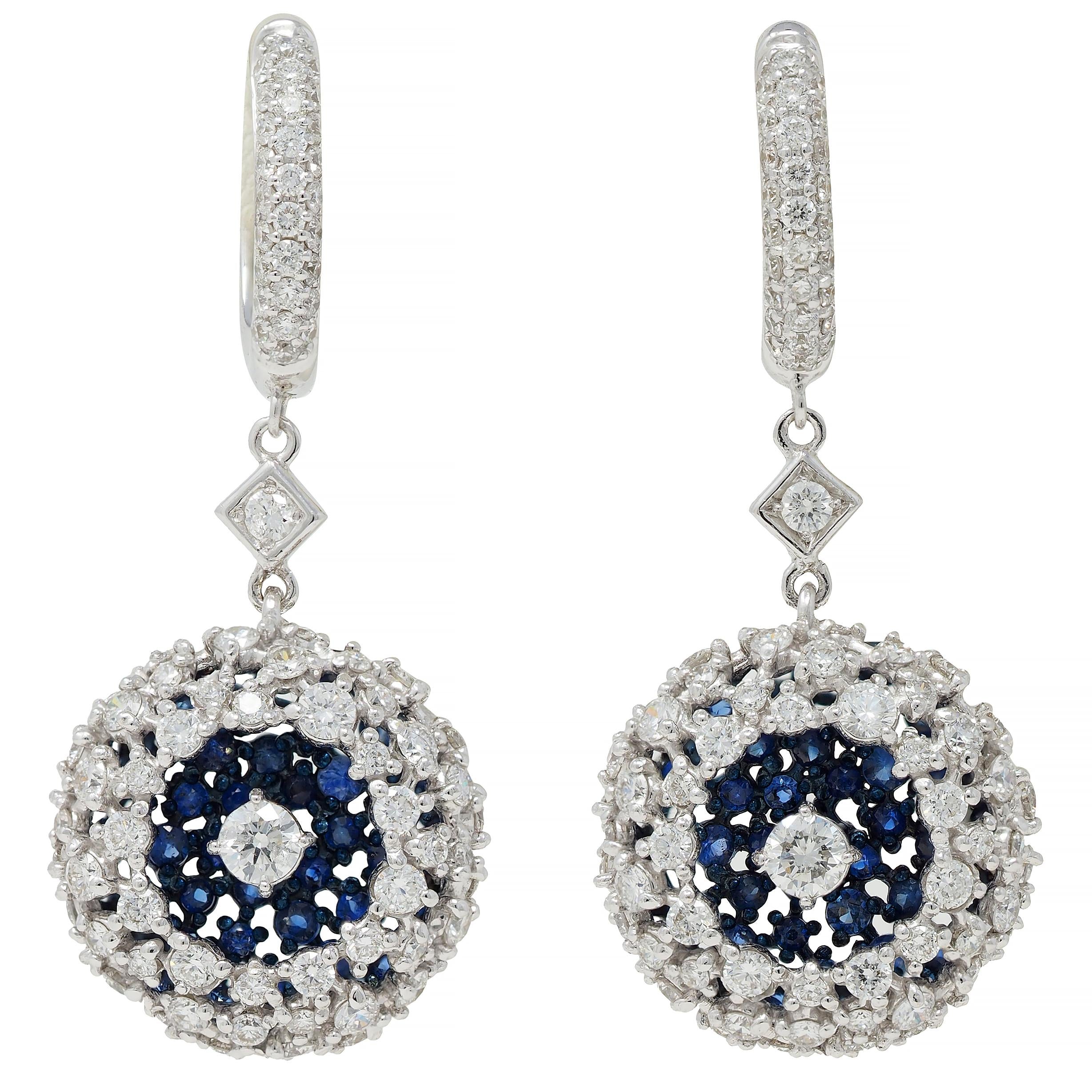 Mariani 3.68 CTW Sapphire Diamond 18K Gold Blue Rhodium PonPon Drop Earrings