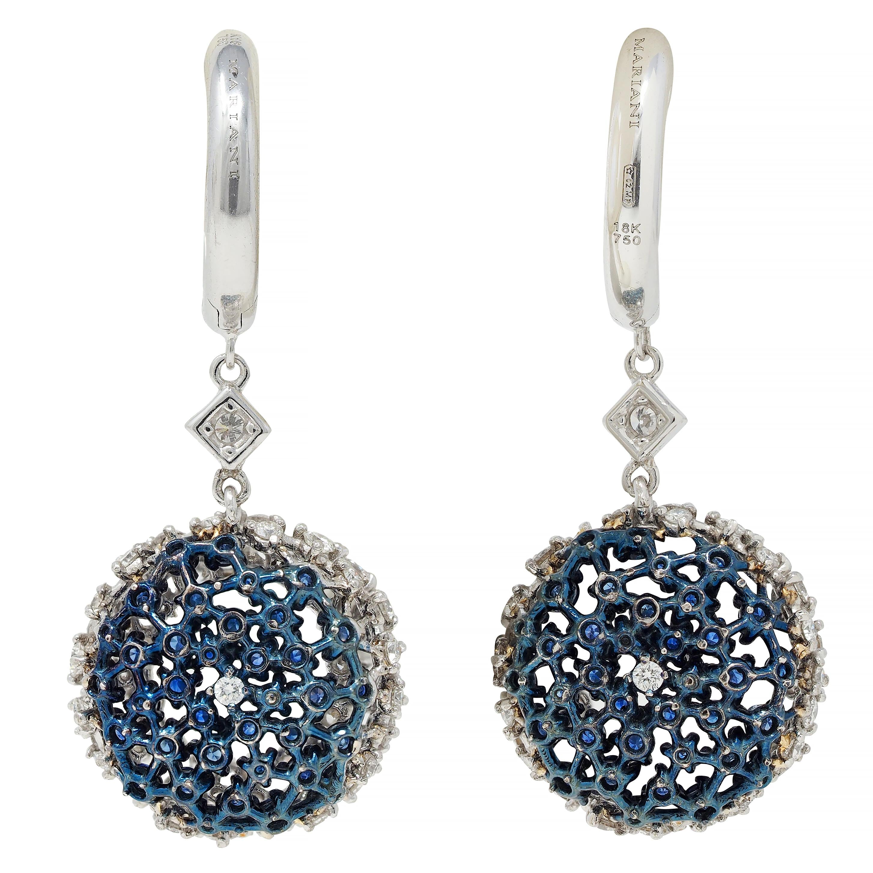 Mariani 3.68 CTW Sapphire Diamond 18K Gold Blue Rhodium PonPon Drop Earrings