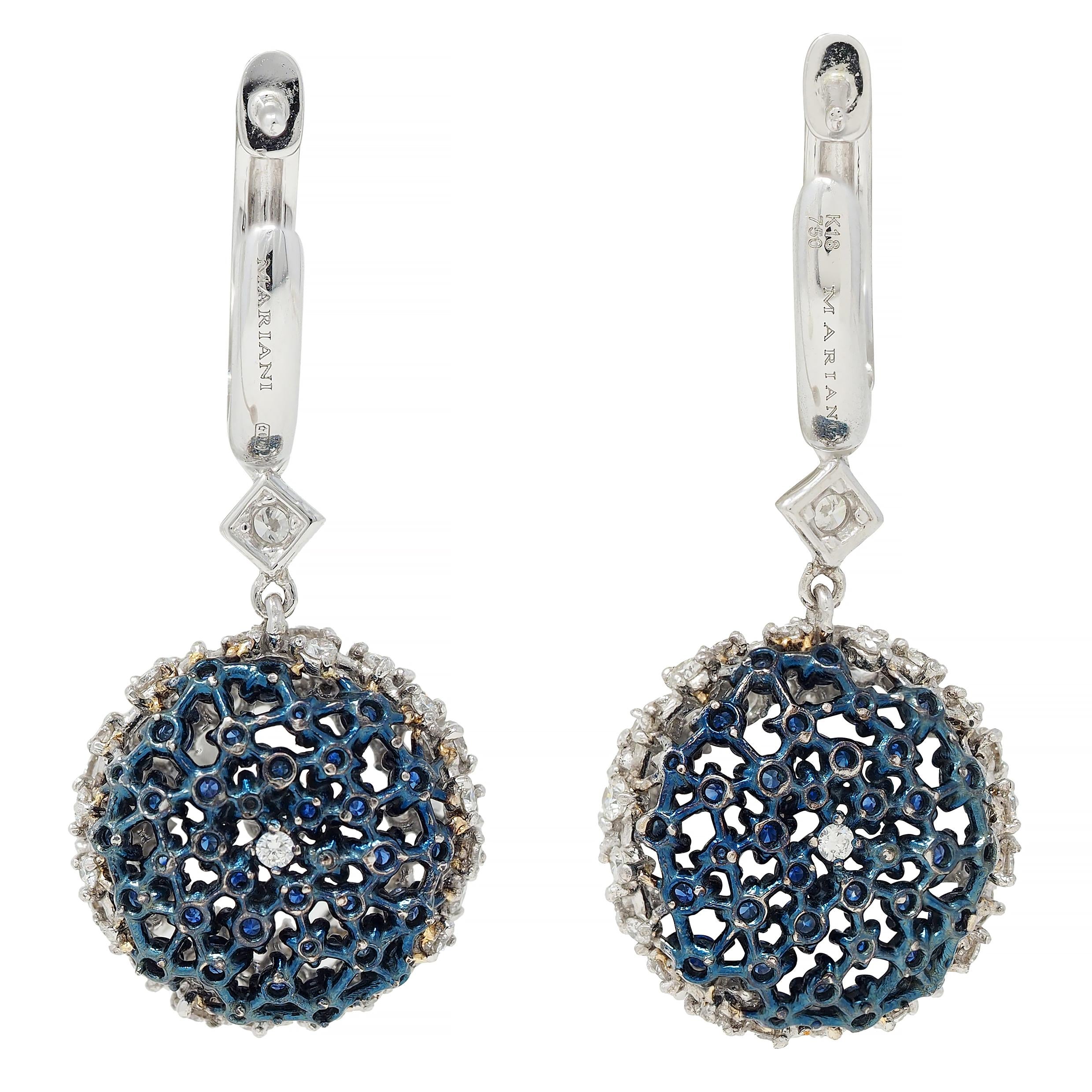 Mariani 3.68 CTW Sapphire Diamond 18K Gold Blue Rhodium PonPon Drop Earrings