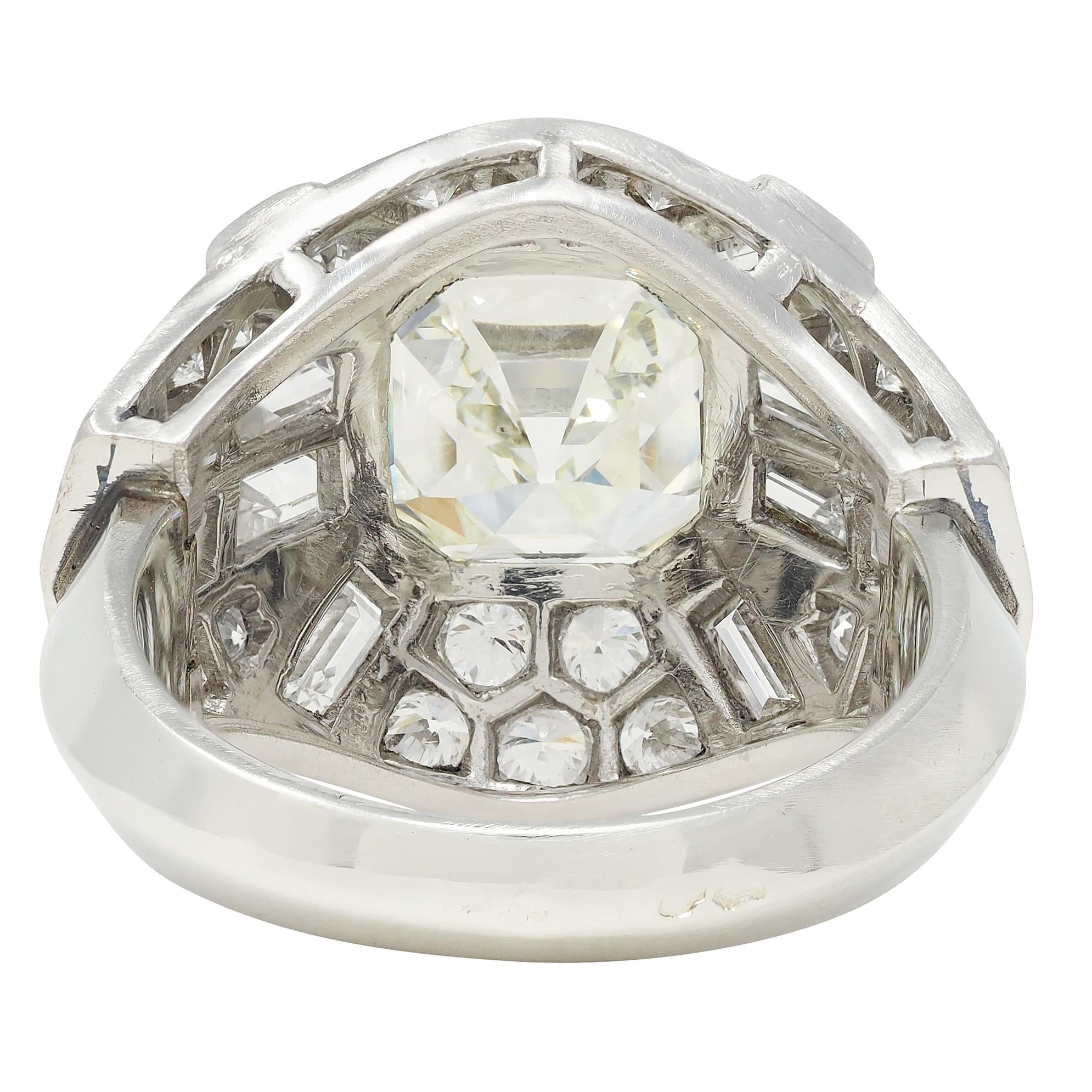 Mid-Century French 7.13 CTW Asscher Diamond Platinum 18K Gold Vintage Dome Ring