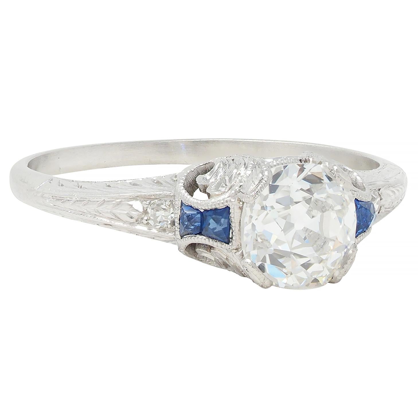 Art Deco 1.15 CTW Old Mine Diamond Sapphire Platinum Vintage Engagement Ring GIA