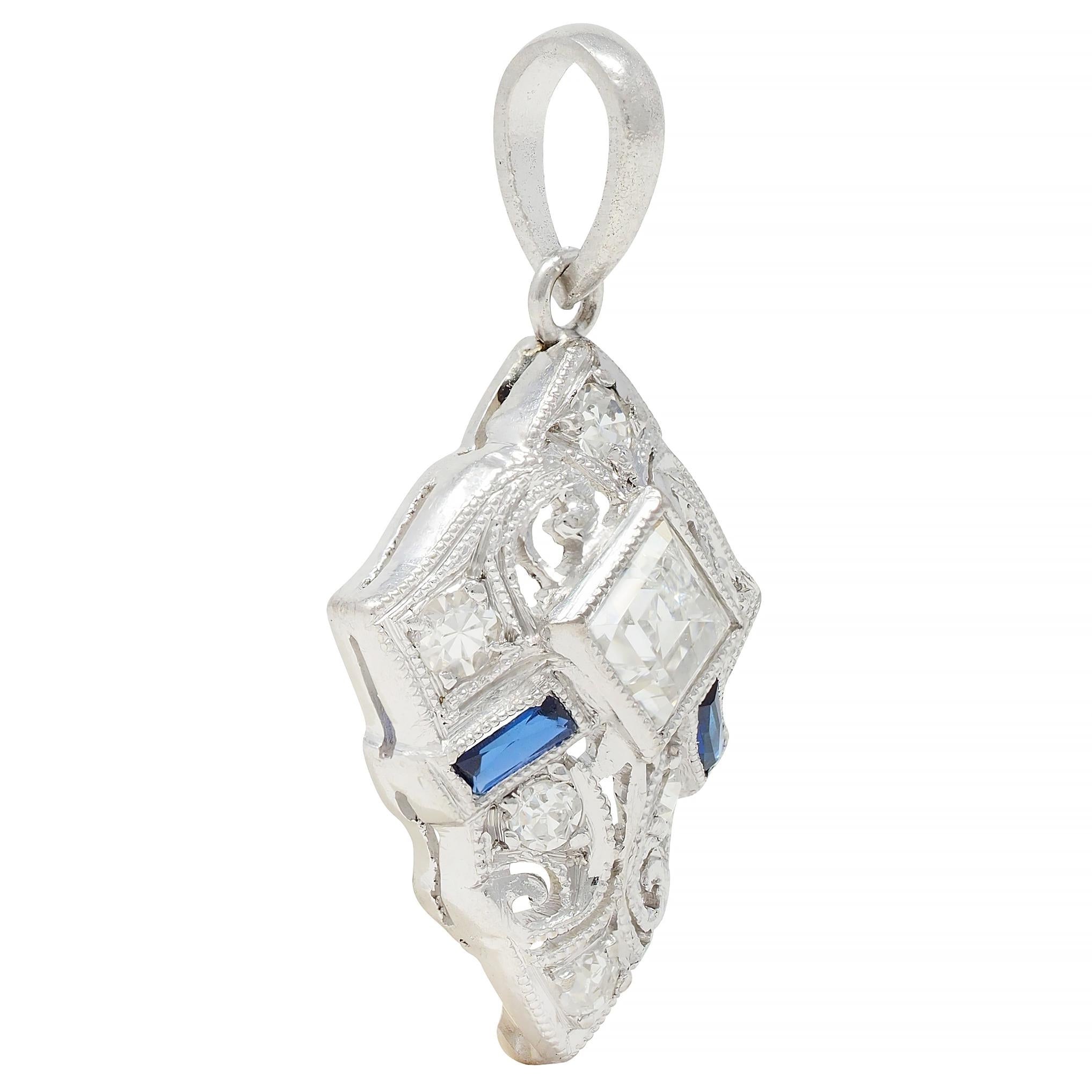 Art Deco 0.58 CTW Sapphire Diamond Platinum Vintage Scrolling Pendant