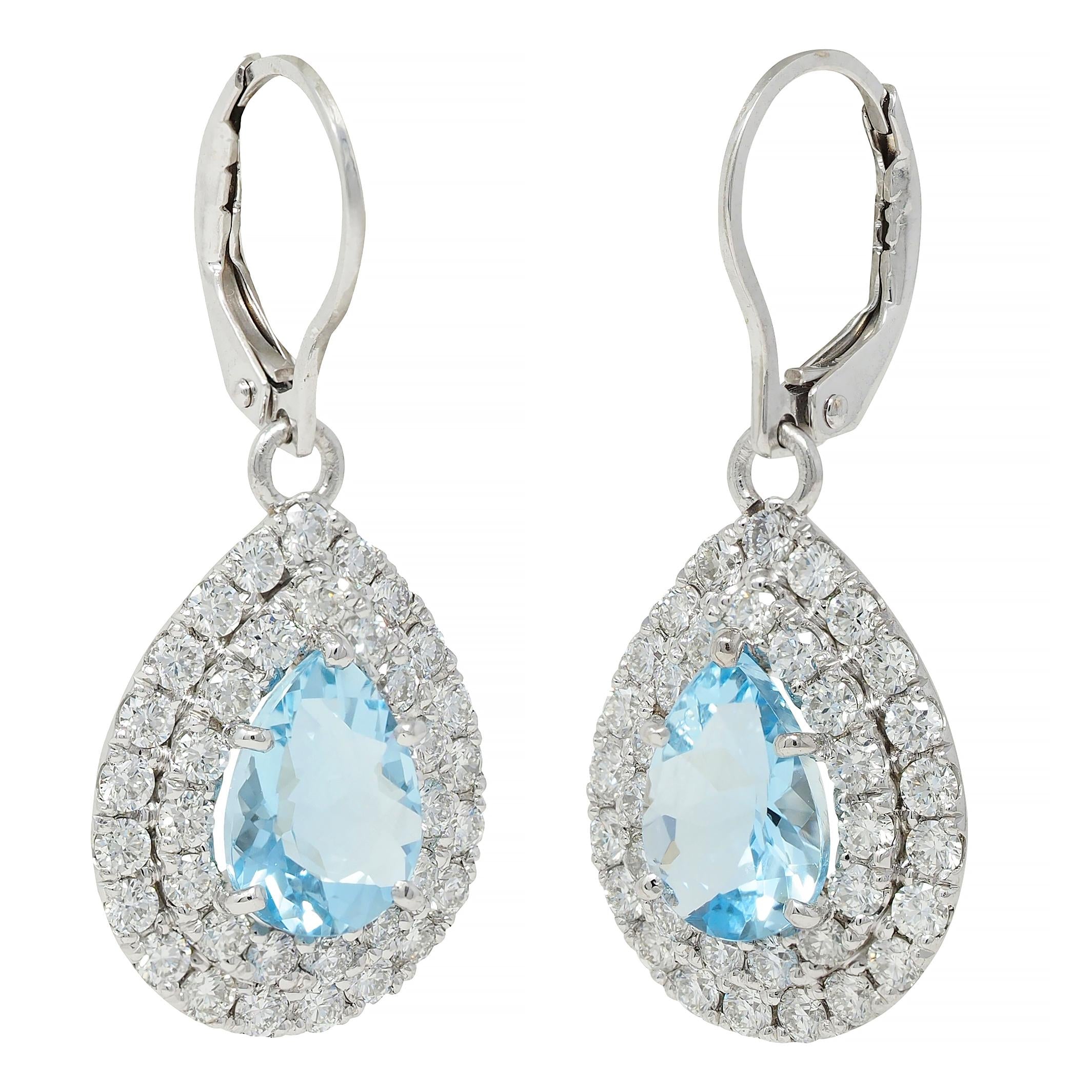 Contemporary 3.74 CTW Aquamarine Diamond Platinum Pear Drop Earrings