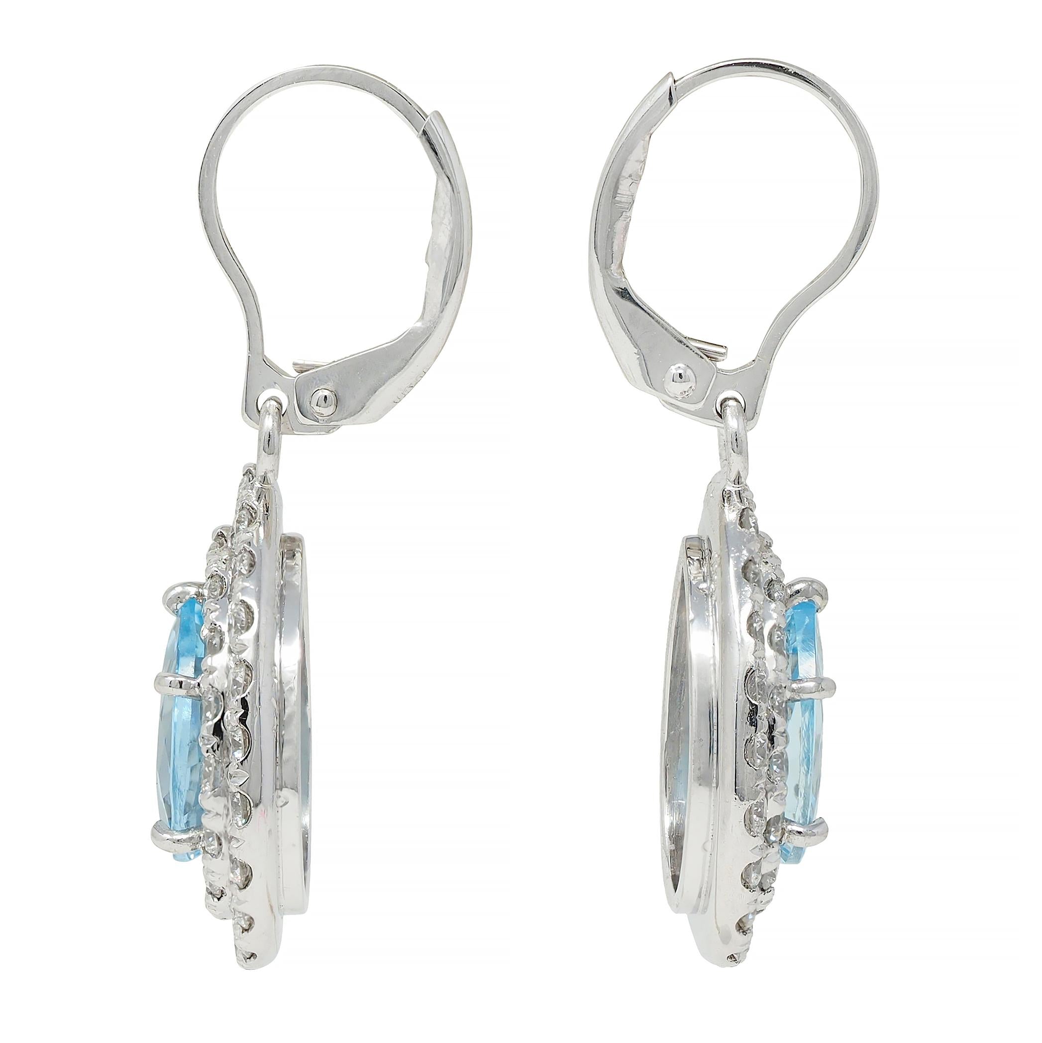 Contemporary 3.74 CTW Aquamarine Diamond Platinum Pear Drop Earrings