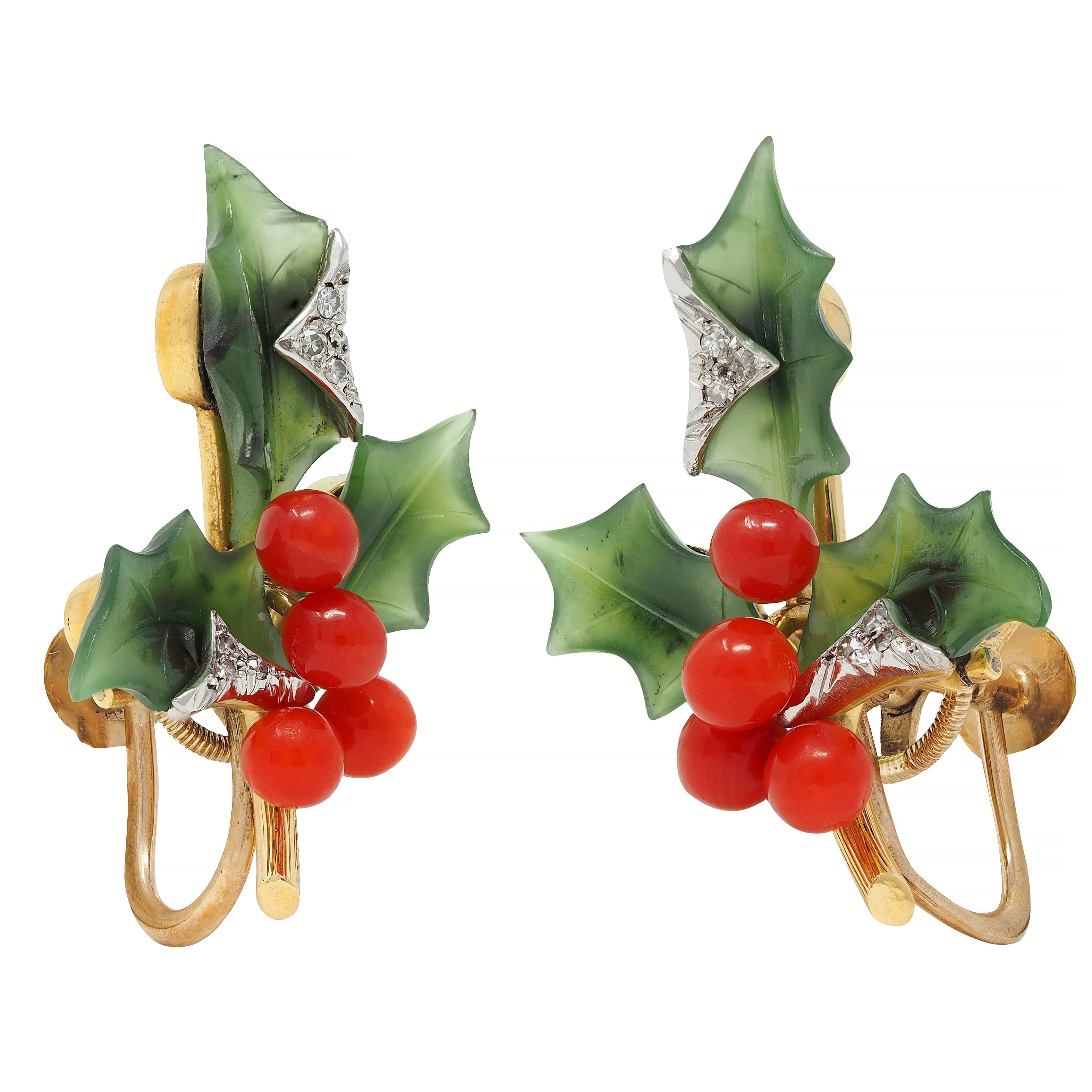 Mid-Century Diamond Jade Carnelian Platinum 14K Gold Vintage Holly Earrings