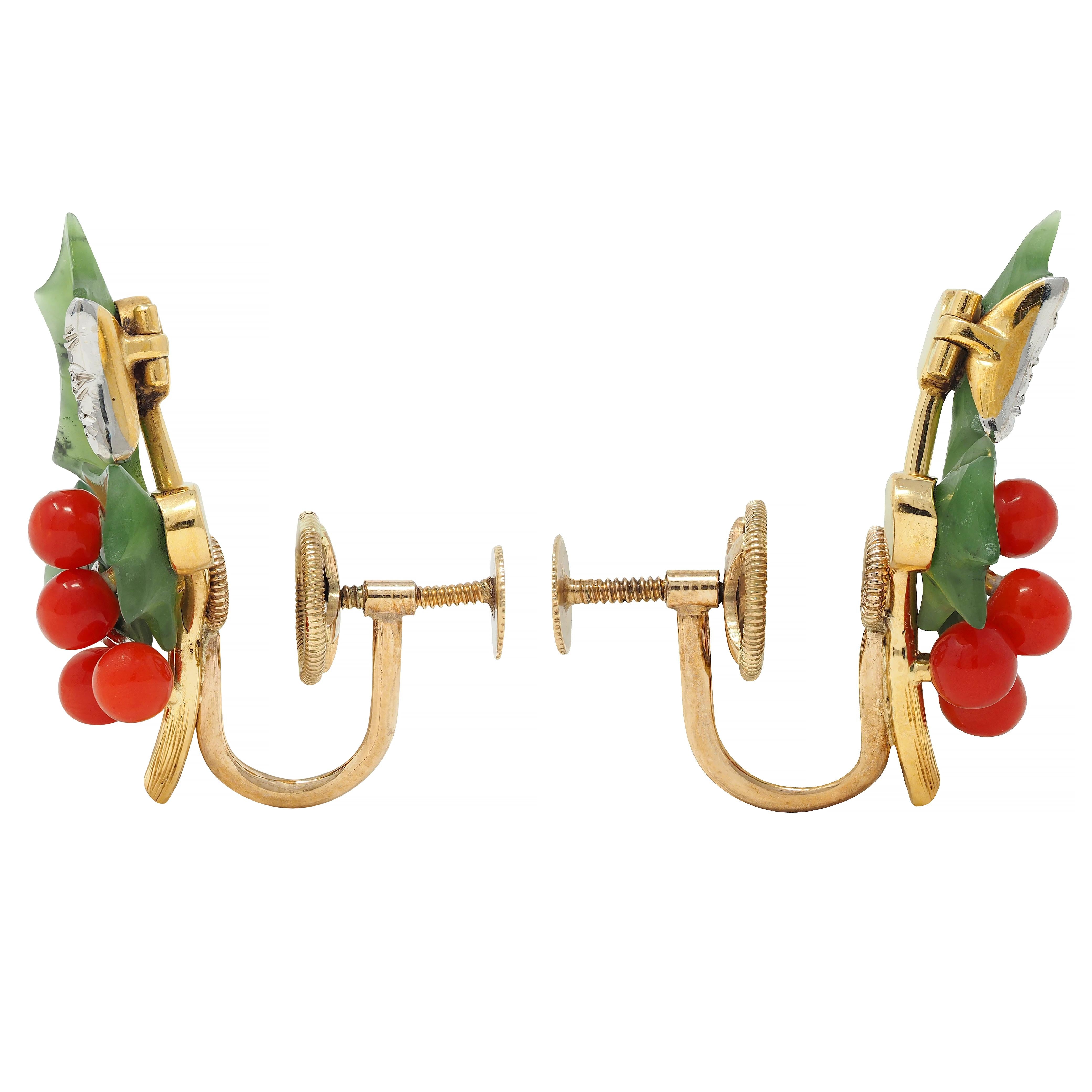 Mid-Century Diamond Jade Carnelian Platinum 14K Gold Vintage Holly Earrings