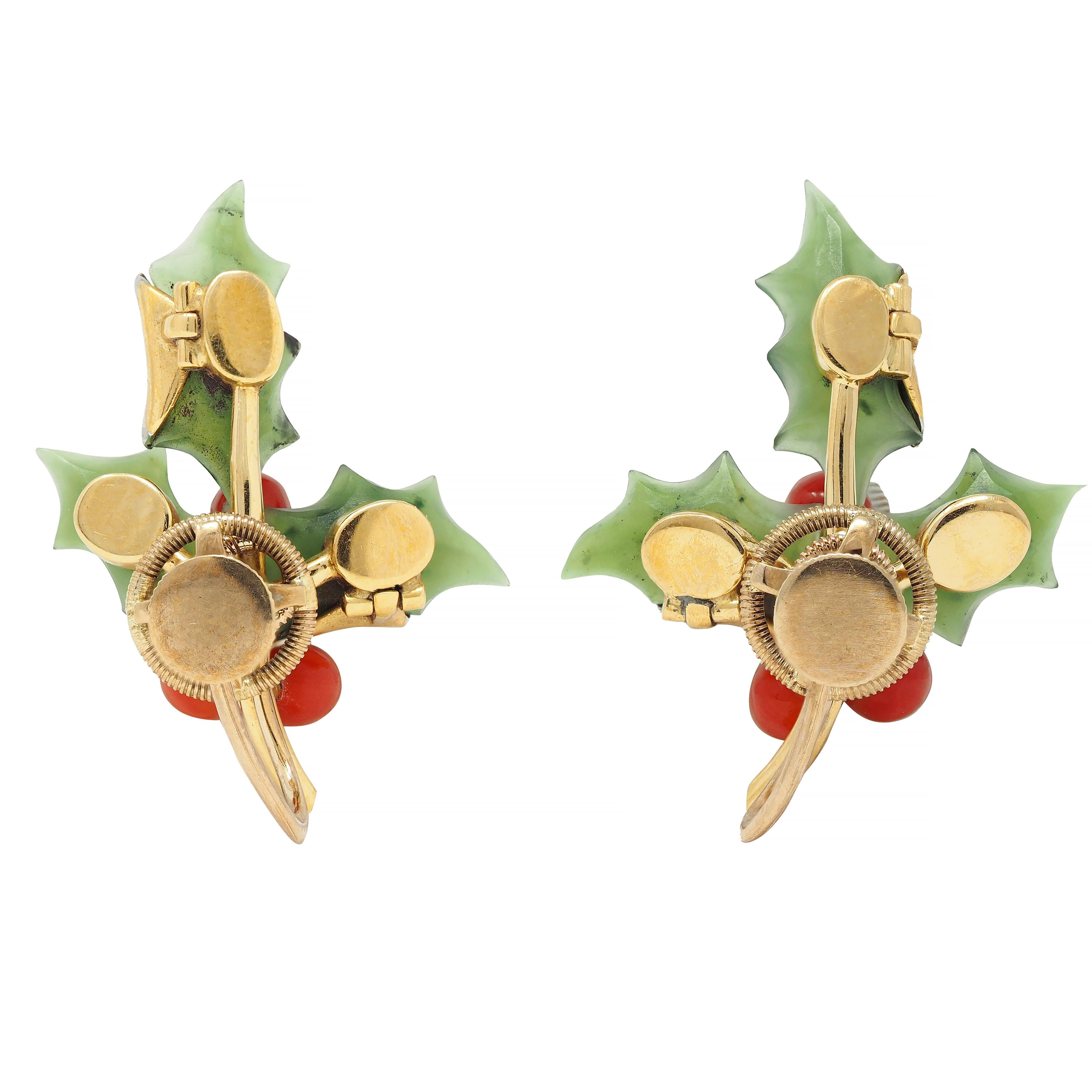 Mid-Century Diamond Jade Carnelian Platinum 14K Gold Vintage Holly Earrings