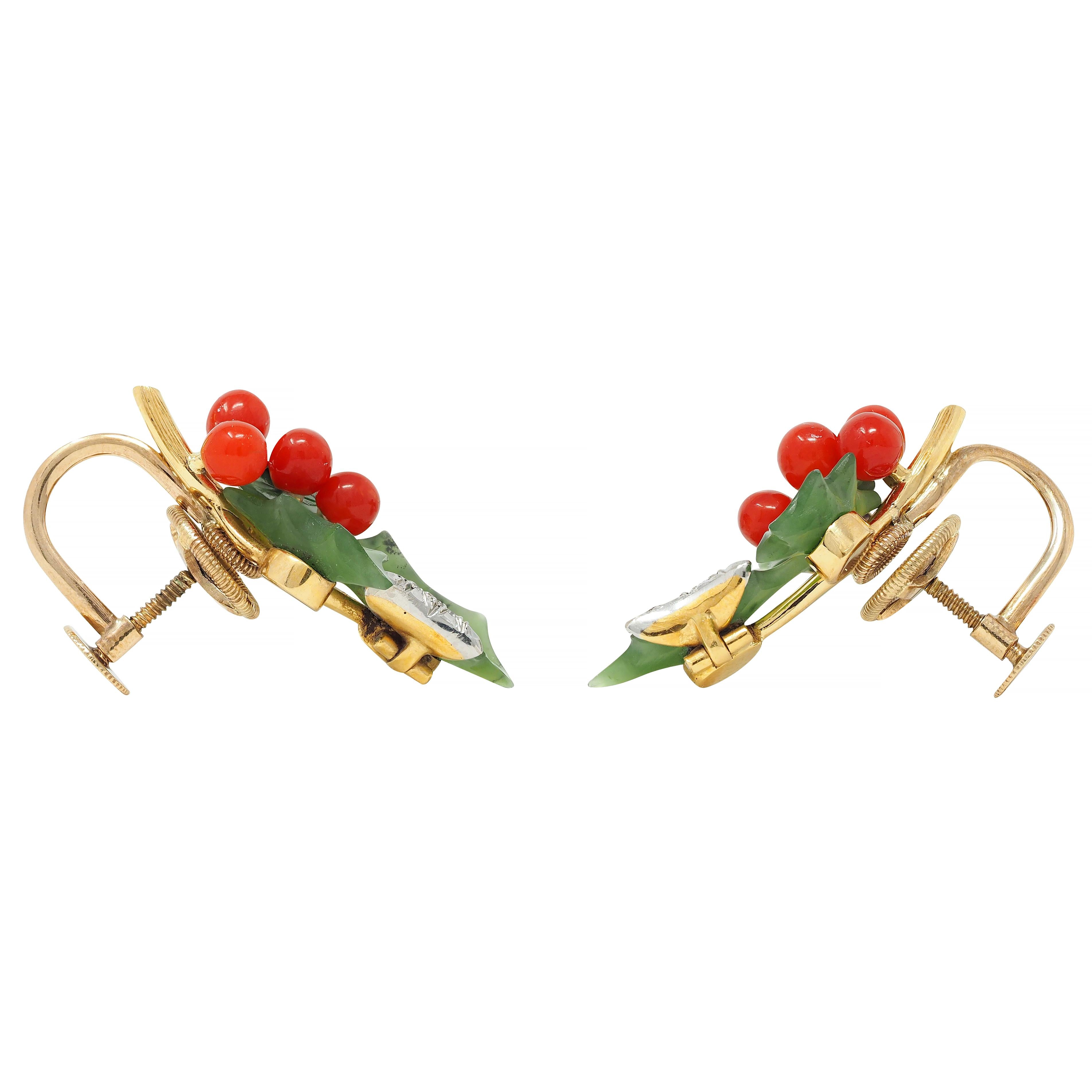 Mid-Century Diamond Jade Carnelian Platinum 14K Gold Vintage Holly Earrings