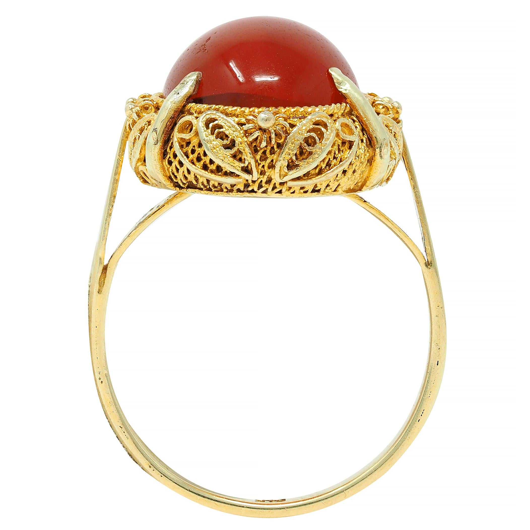 1940s Carnelian 14 Karat Yellow Gold Vintage Cabochon Filigree Ring