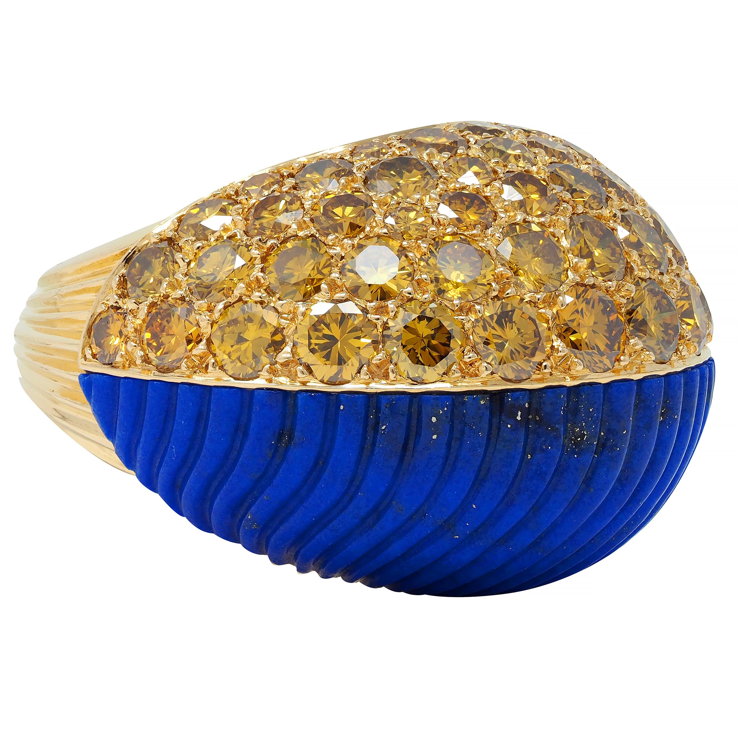 Cartier Paris 1960's 4.62 CTW Yellow Diamond Lapis 18K Gold Vintage Boule Ring