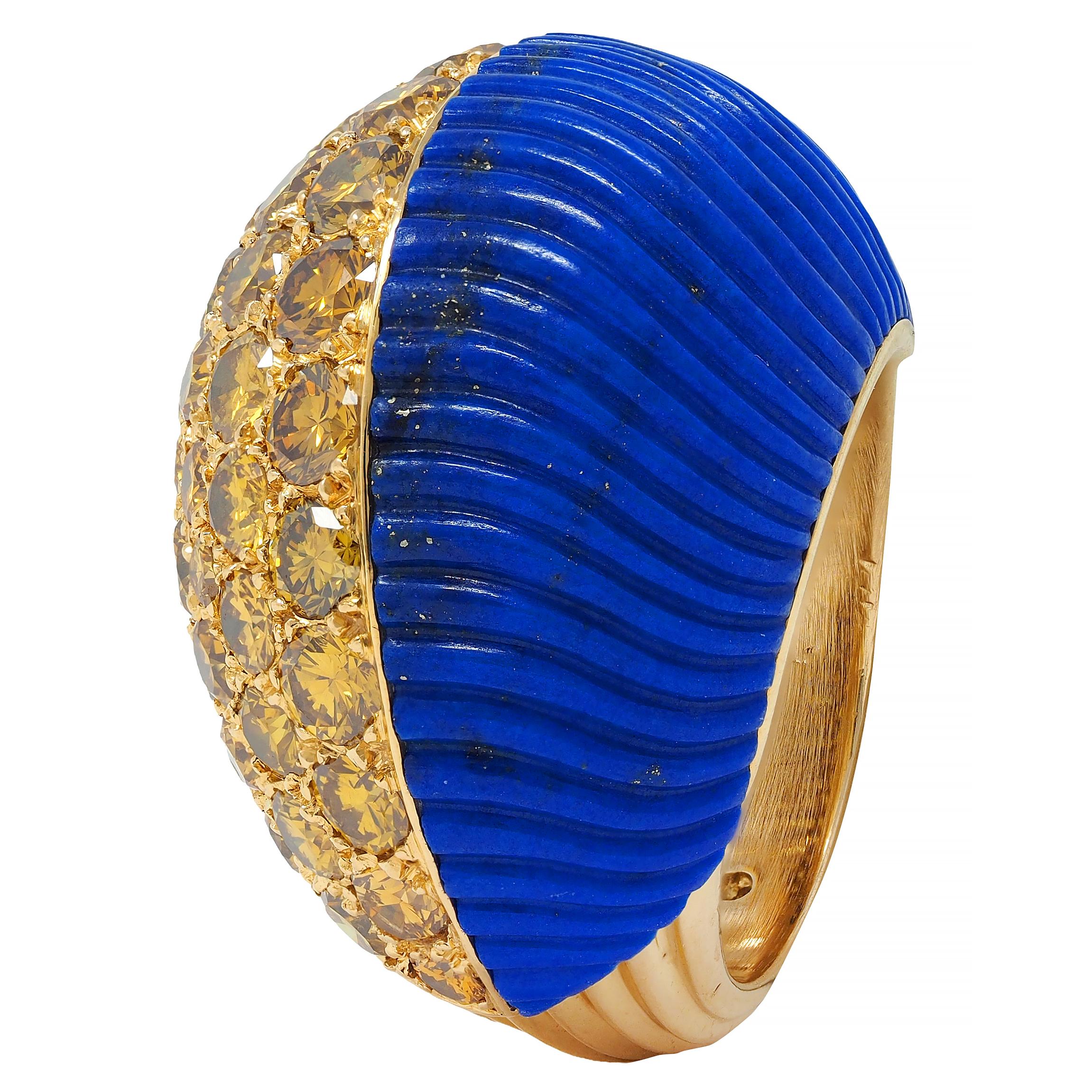 Cartier Paris 1960's 4.62 CTW Yellow Diamond Lapis 18K Gold Vintage Boule Ring