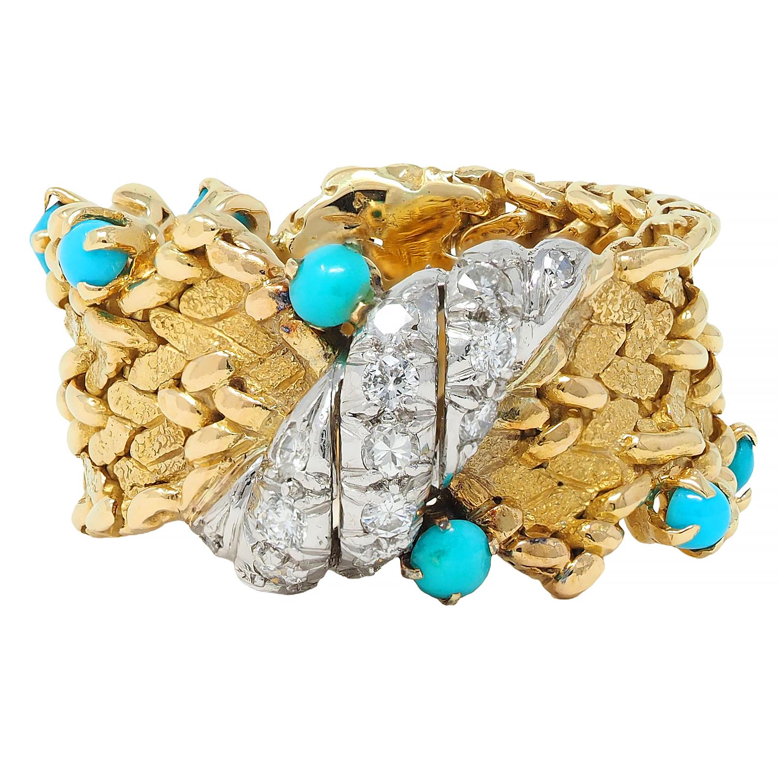 1960's Diamond Turquoise 18K Gold Platinum Vintage Woven Band Ring