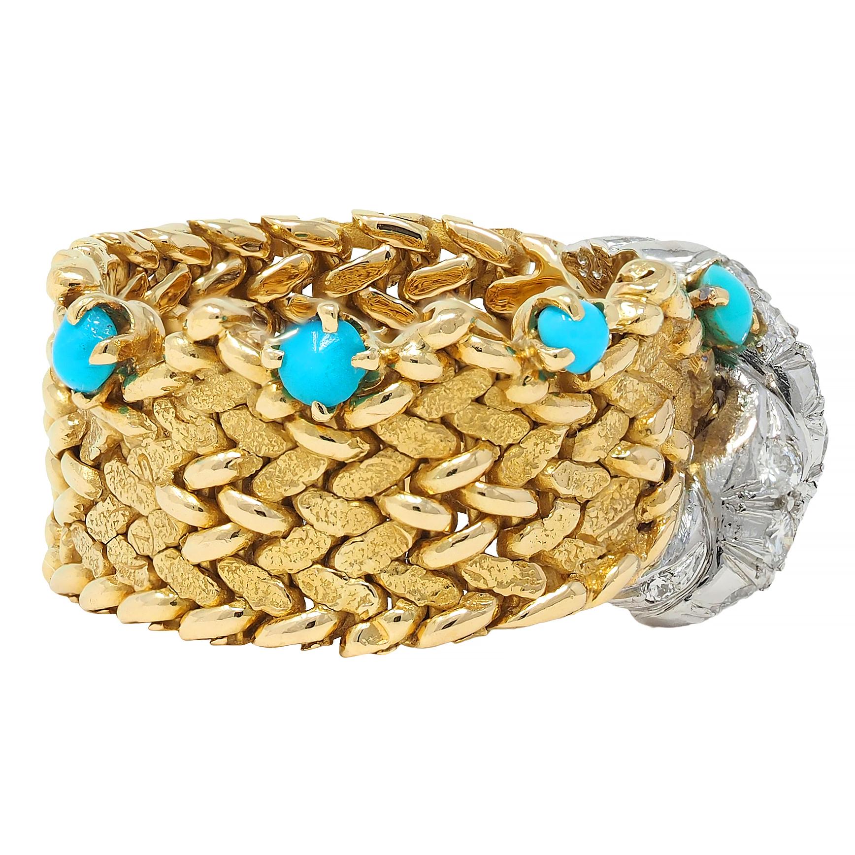 1960's Diamond Turquoise 18K Gold Platinum Vintage Woven Band Ring