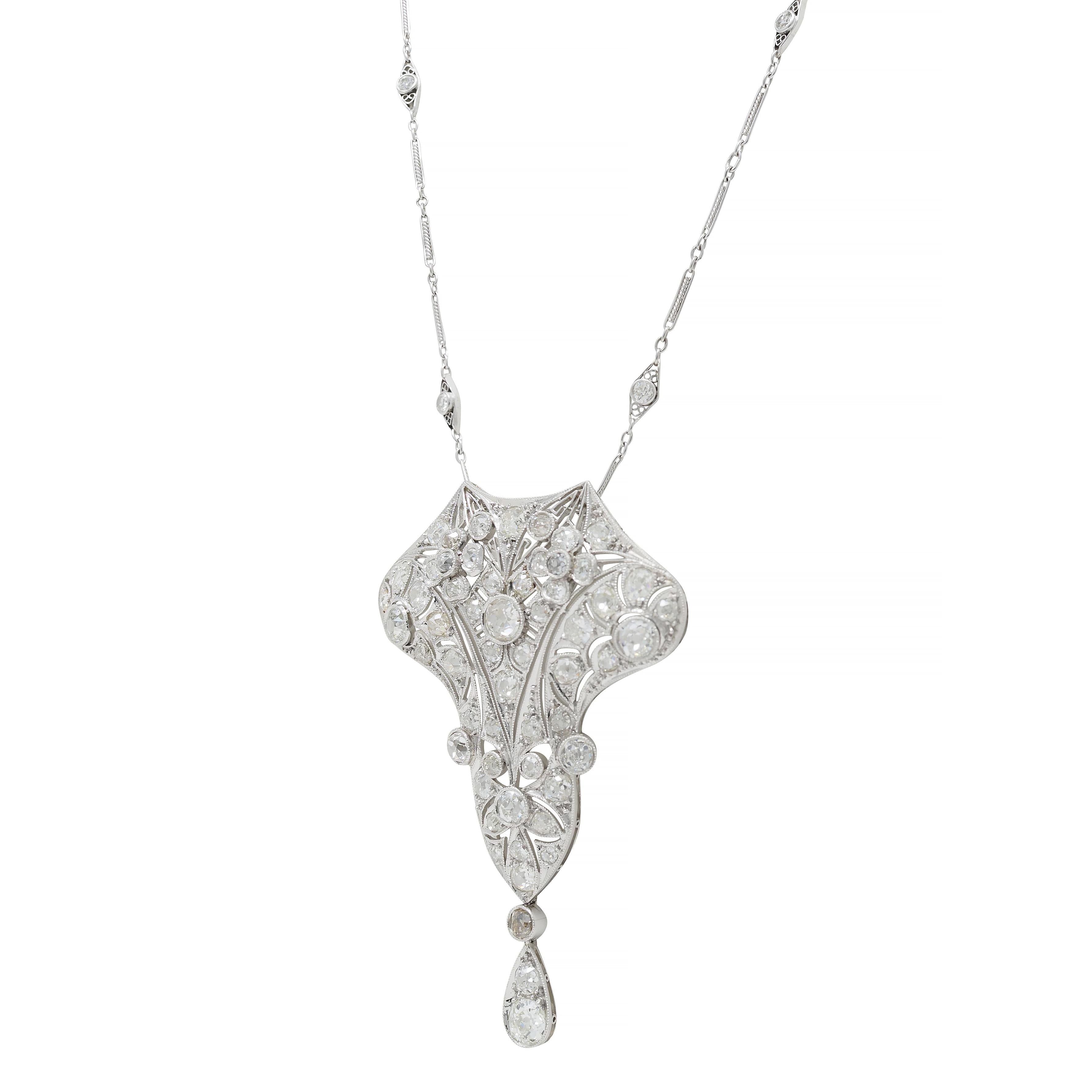 Art Deco 6.40 CTW Diamond Platinum Vintage Floral Lavalier Pendant Necklace