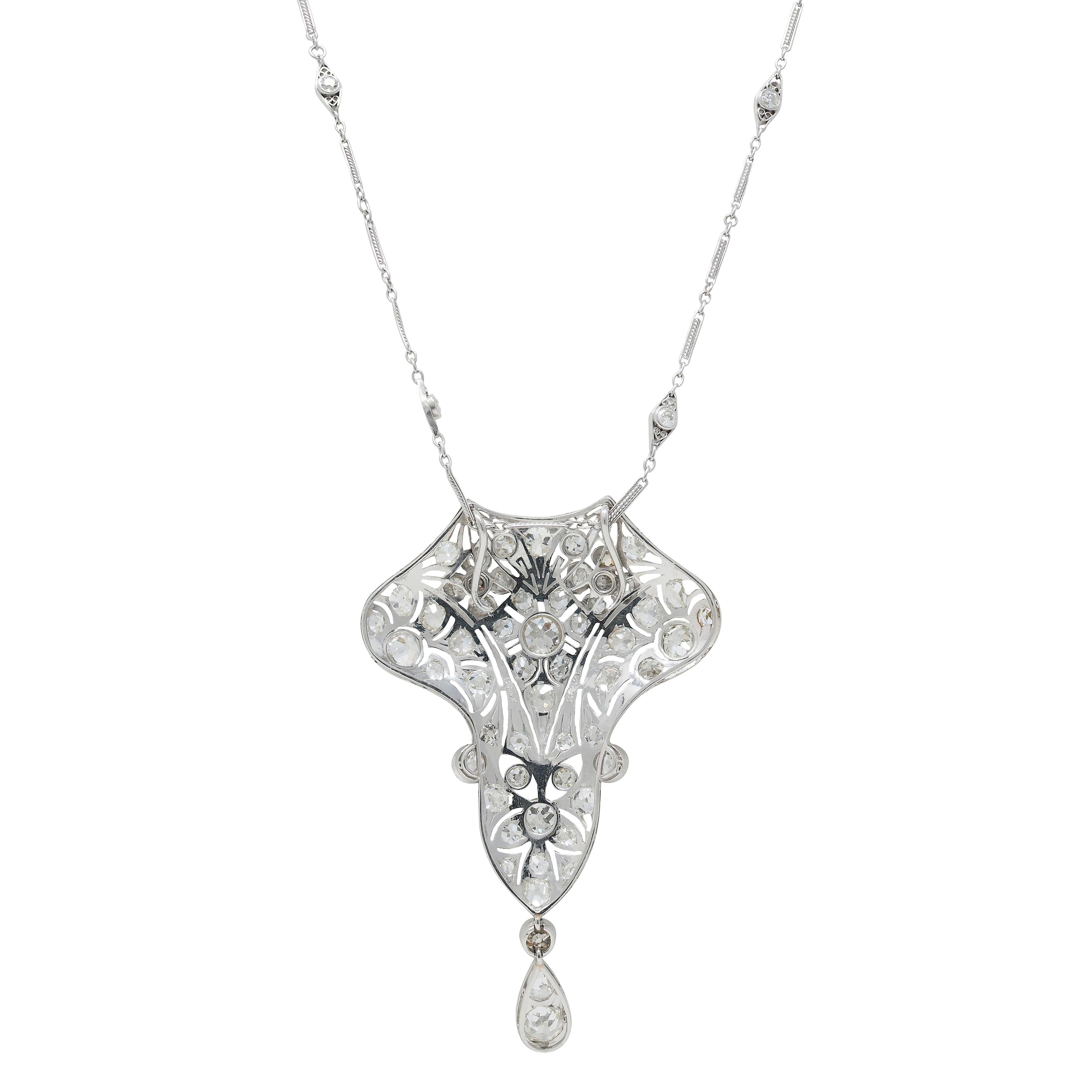 Art Deco 6.40 CTW Diamond Platinum Vintage Floral Lavalier Pendant Necklace