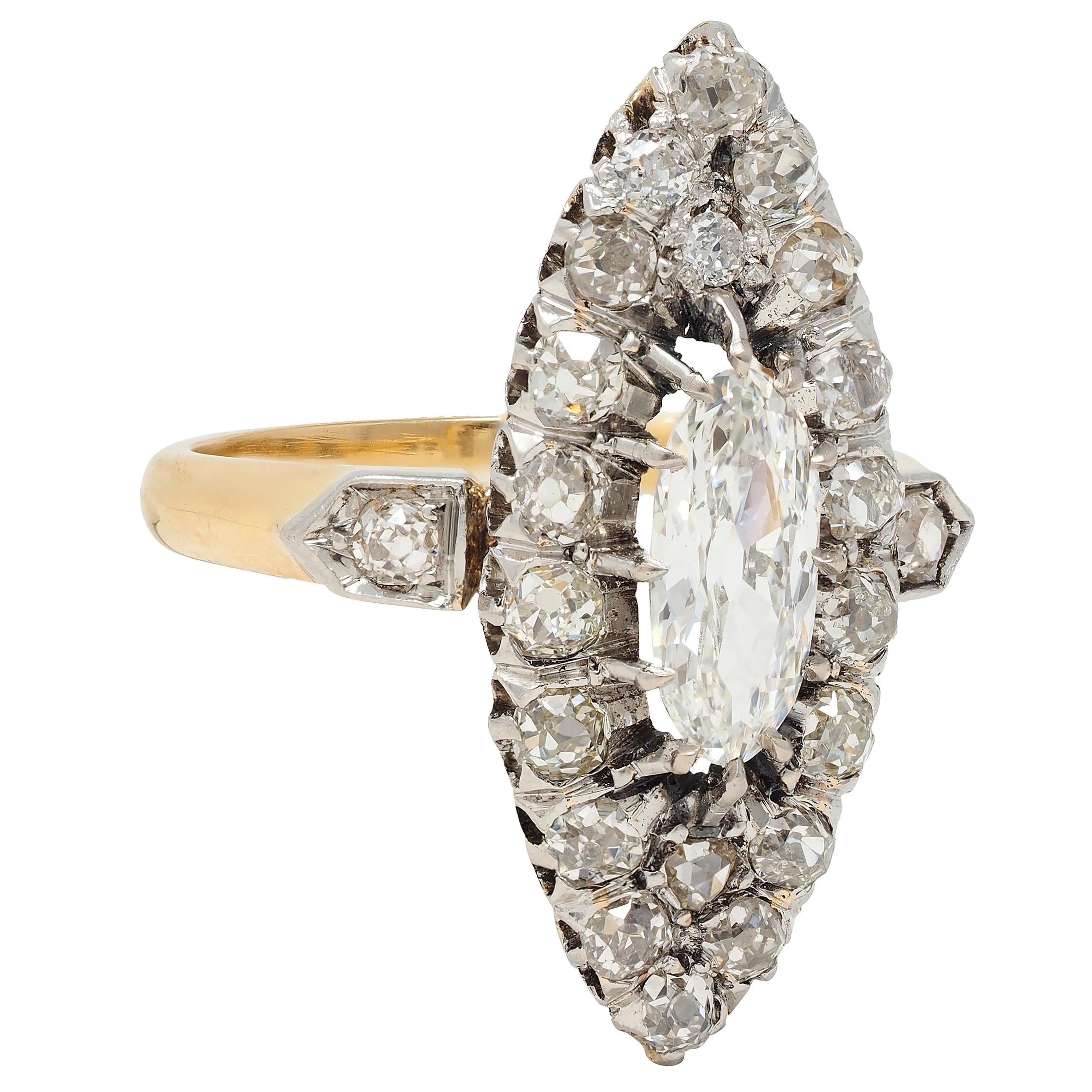 French Edwardian 1.84 CTW Diamond Platinum 18K Gold Antique Navette Ring GIA