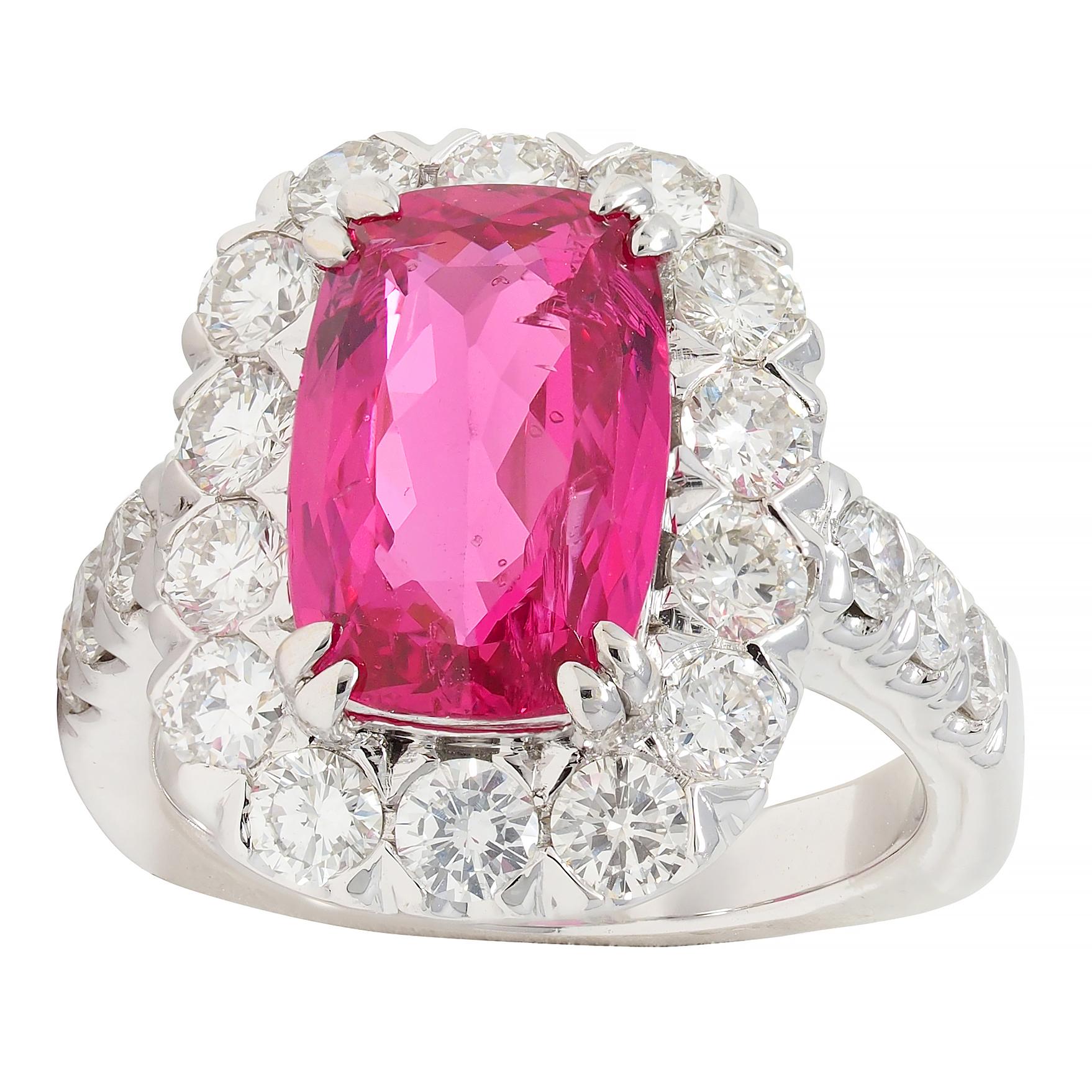 Contemporary 6.67 CTW No Heat Pink Spinel Diamond 18 Karat White Gold Halo Ring