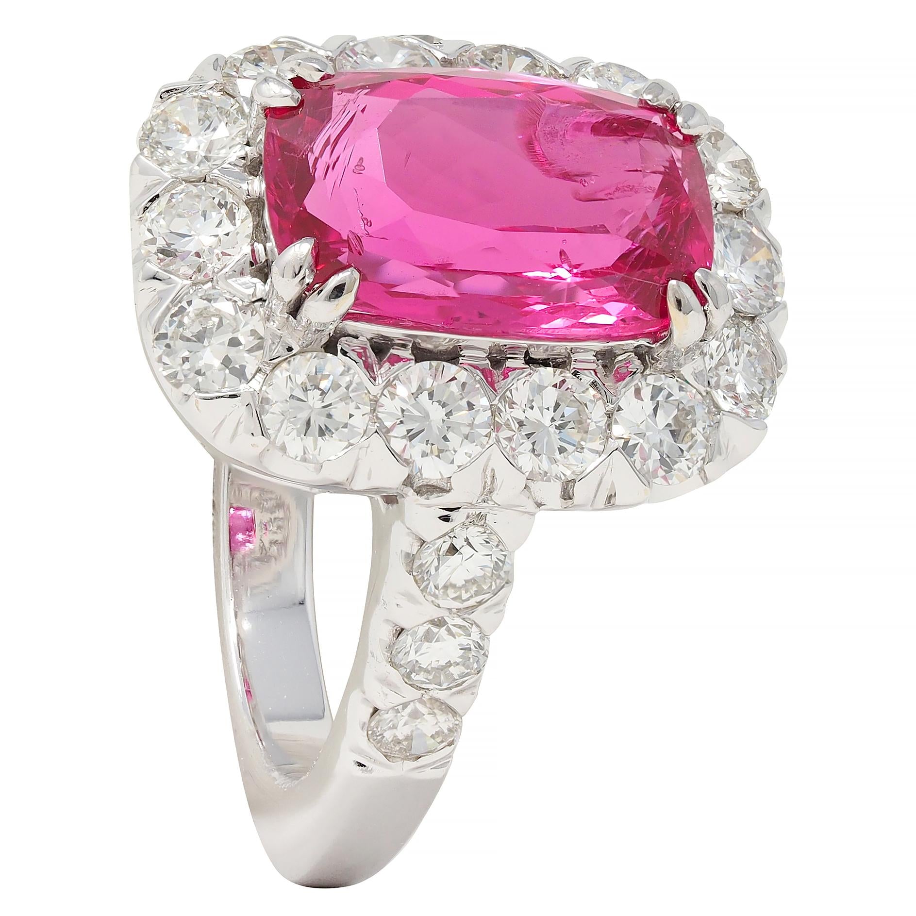 Contemporary 6.67 CTW No Heat Pink Spinel Diamond 18 Karat White Gold Halo Ring