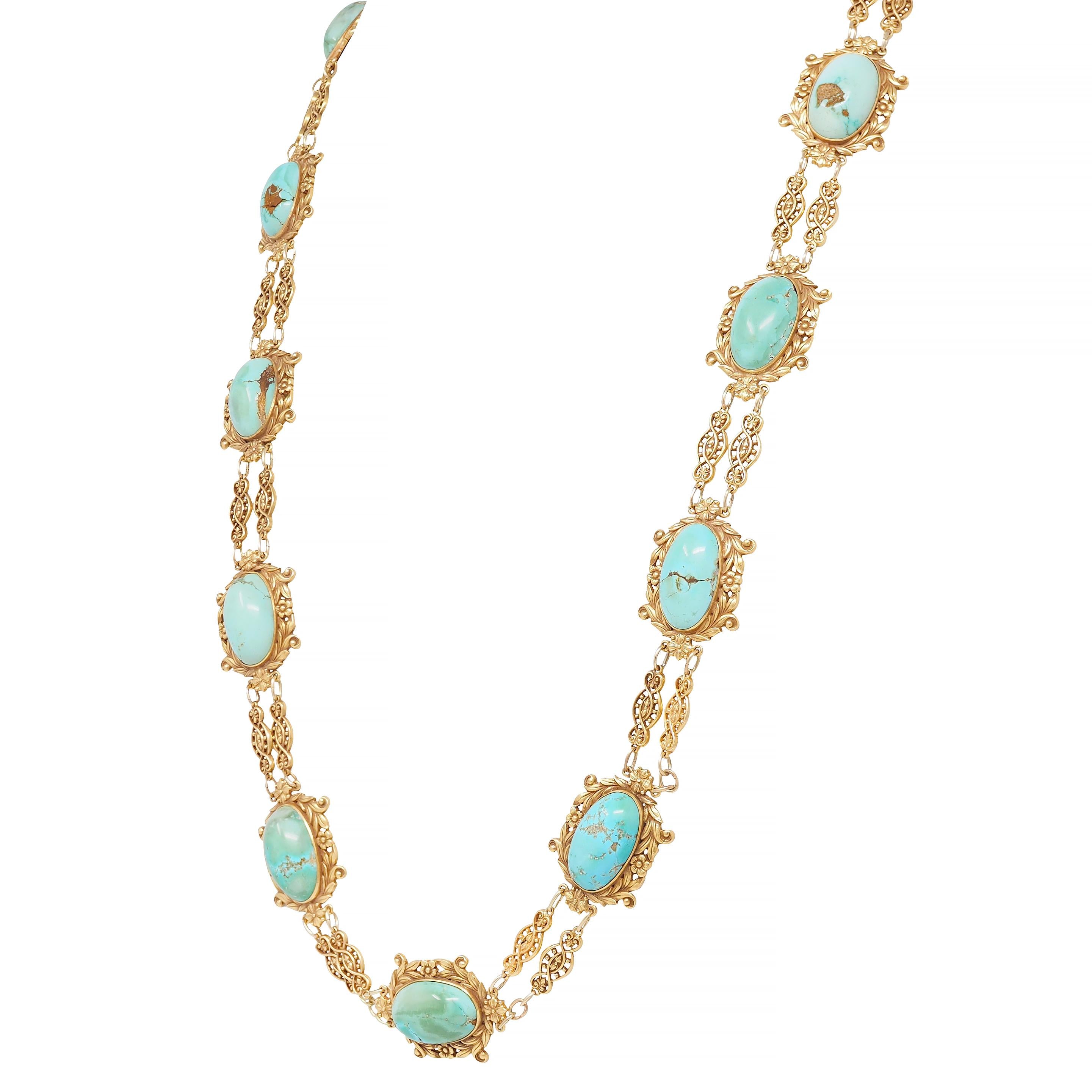 Tiffany & Co. Victorian Turquoise 18 Karat Yellow Gold Antique Floral Necklace