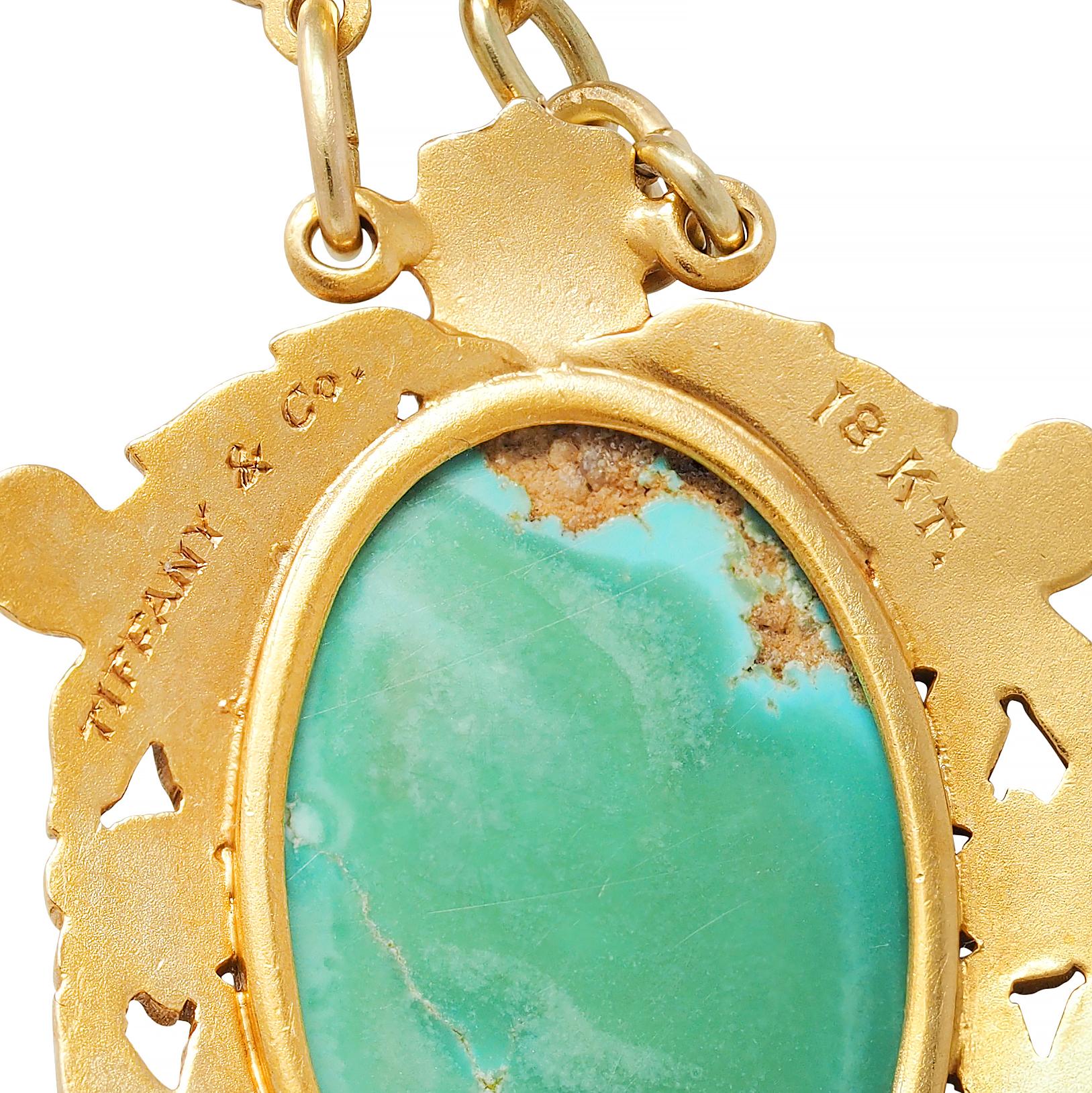 Tiffany & Co. Victorian Turquoise 18 Karat Yellow Gold Antique Floral Necklace