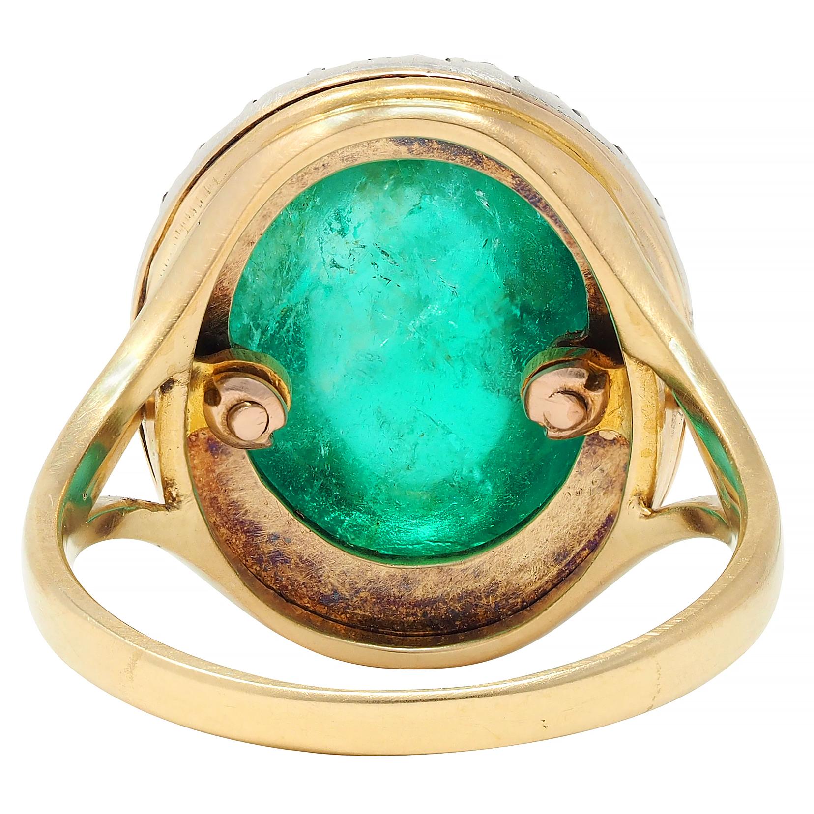 Victorian Colombian Emerald Cabochon Diamond Silver 18K Gold Antique Halo Ring