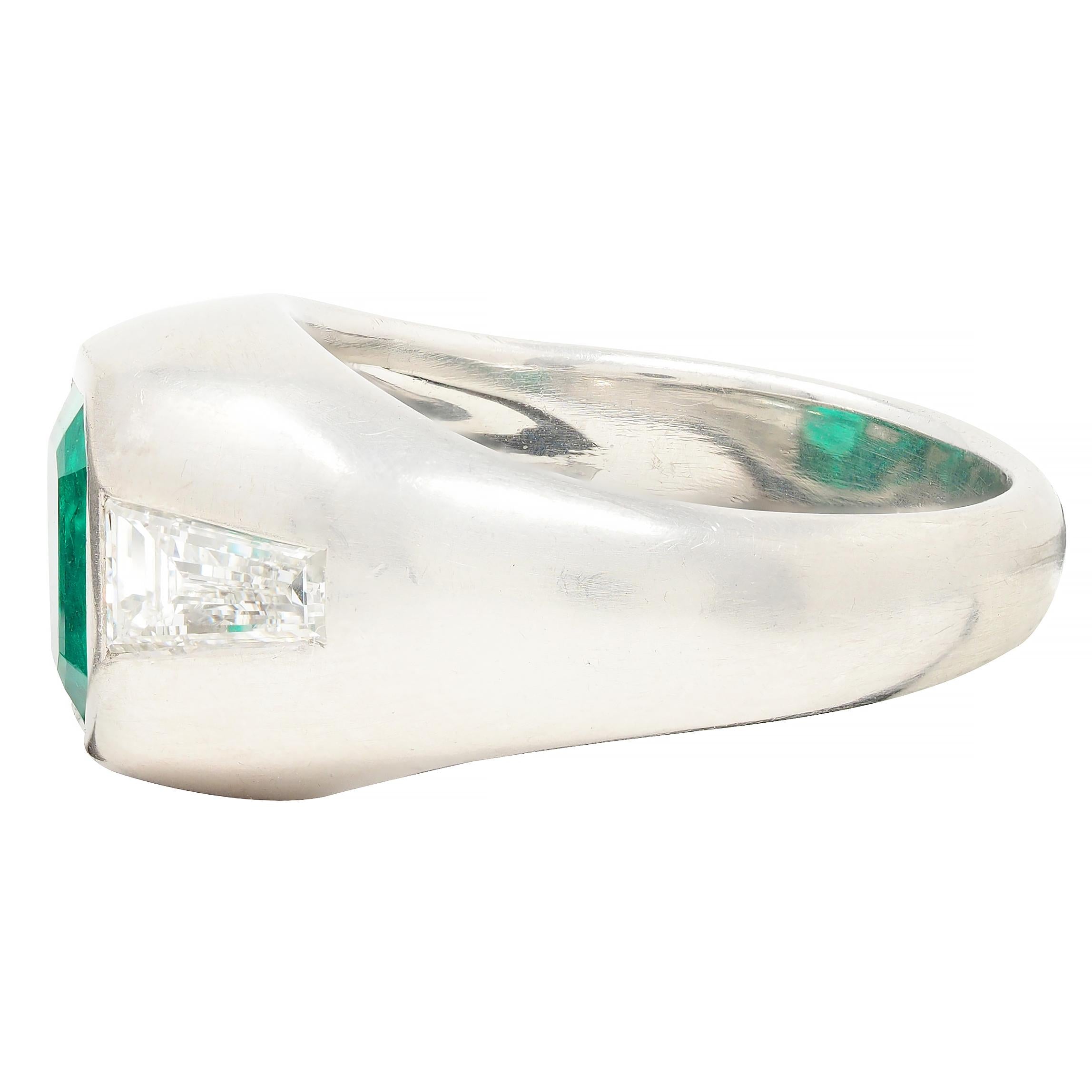 1960's 3.70 CTW Colombian Emerald Diamond Platinum Vintage Three Stone Ring AGL