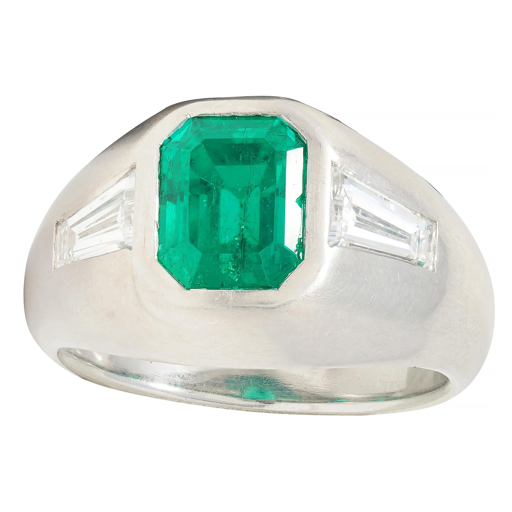 1960's 3.70 CTW Colombian Emerald Diamond Platinum Vintage Three Stone Ring AGL