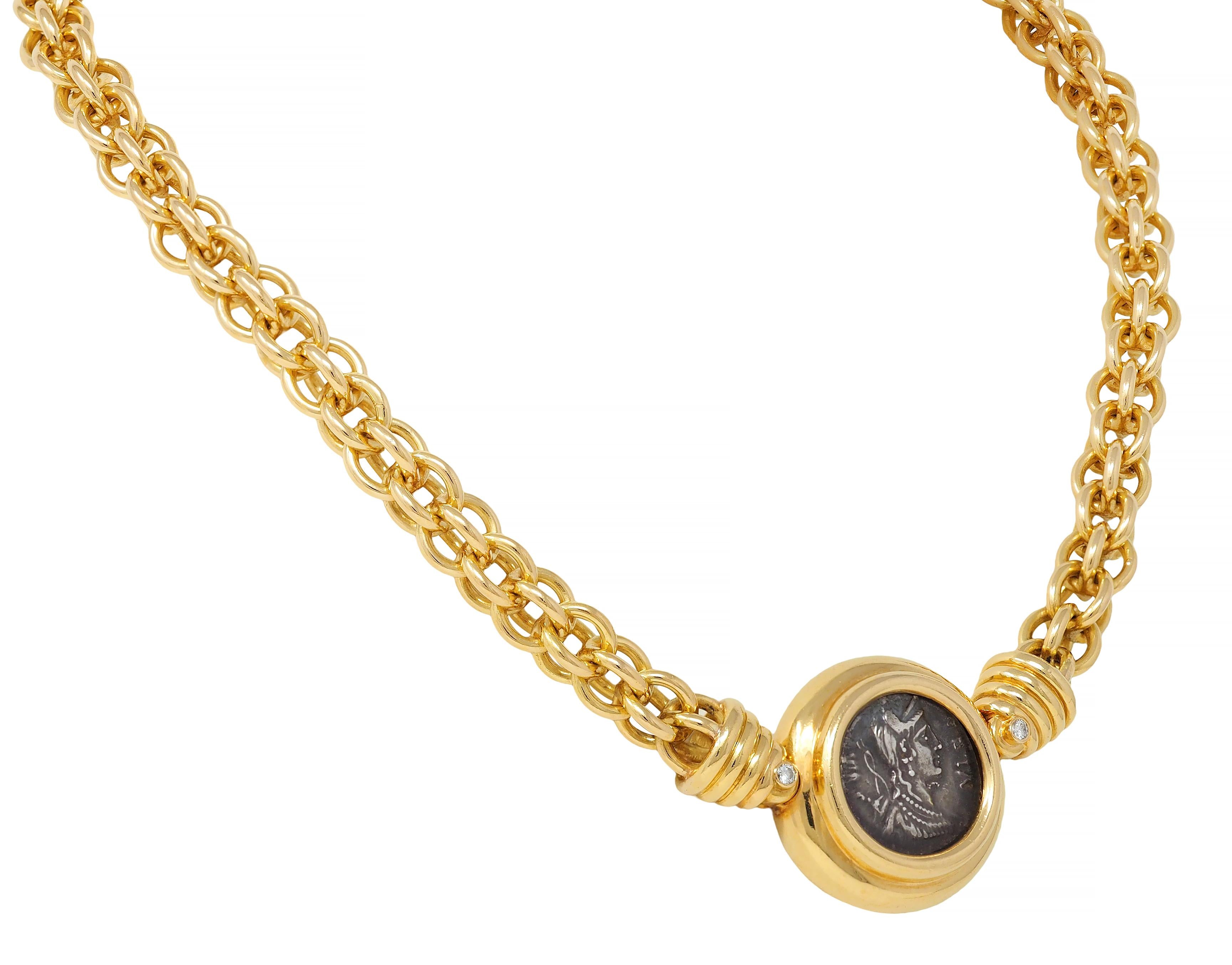 Bulgari French 1980 Diamond 18K Yellow Gold Vintage Ancient Coin Monete Necklace