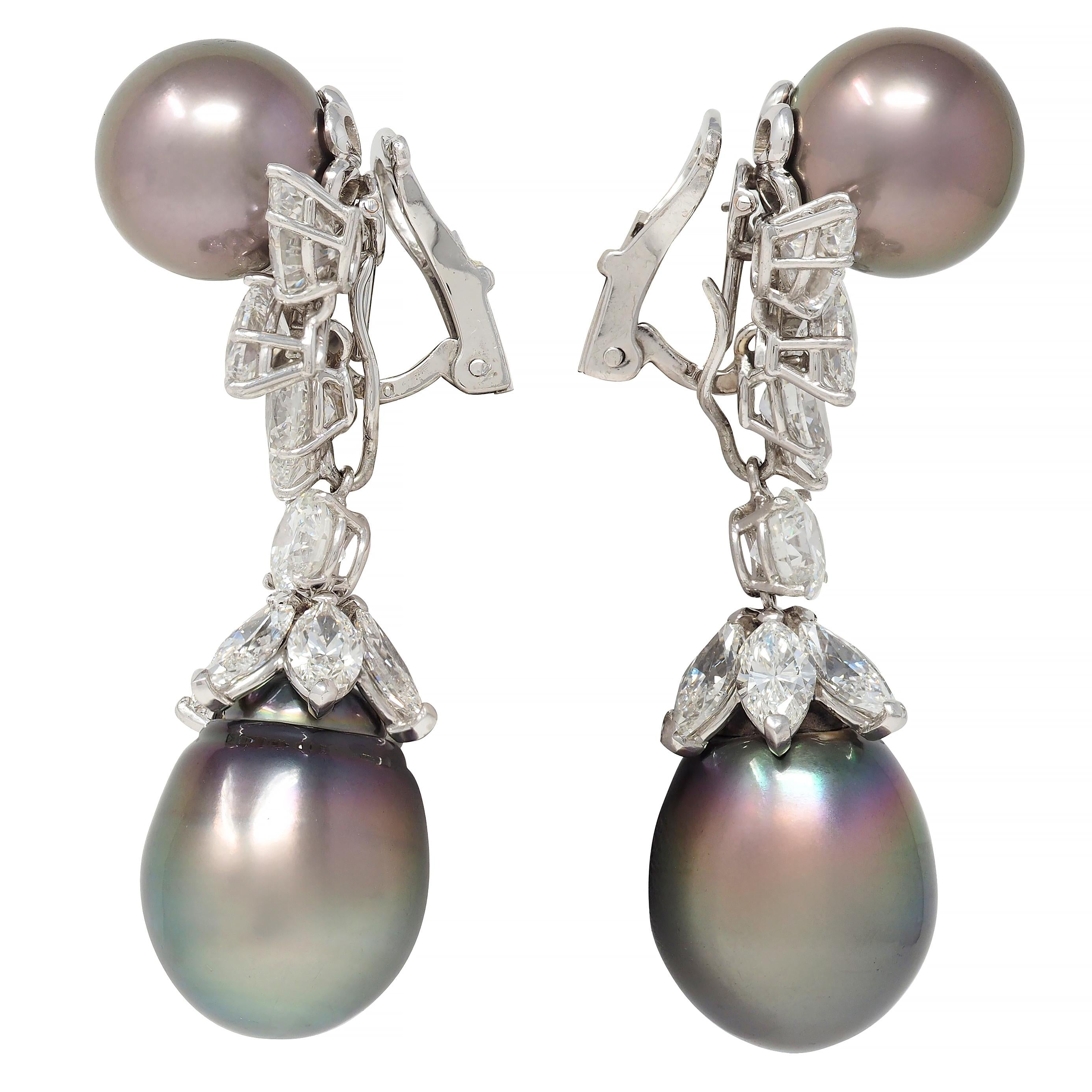 Contemporary 12.50 CTW Diamond Tahitian Pearl Platinum Day Night Drop Earrings