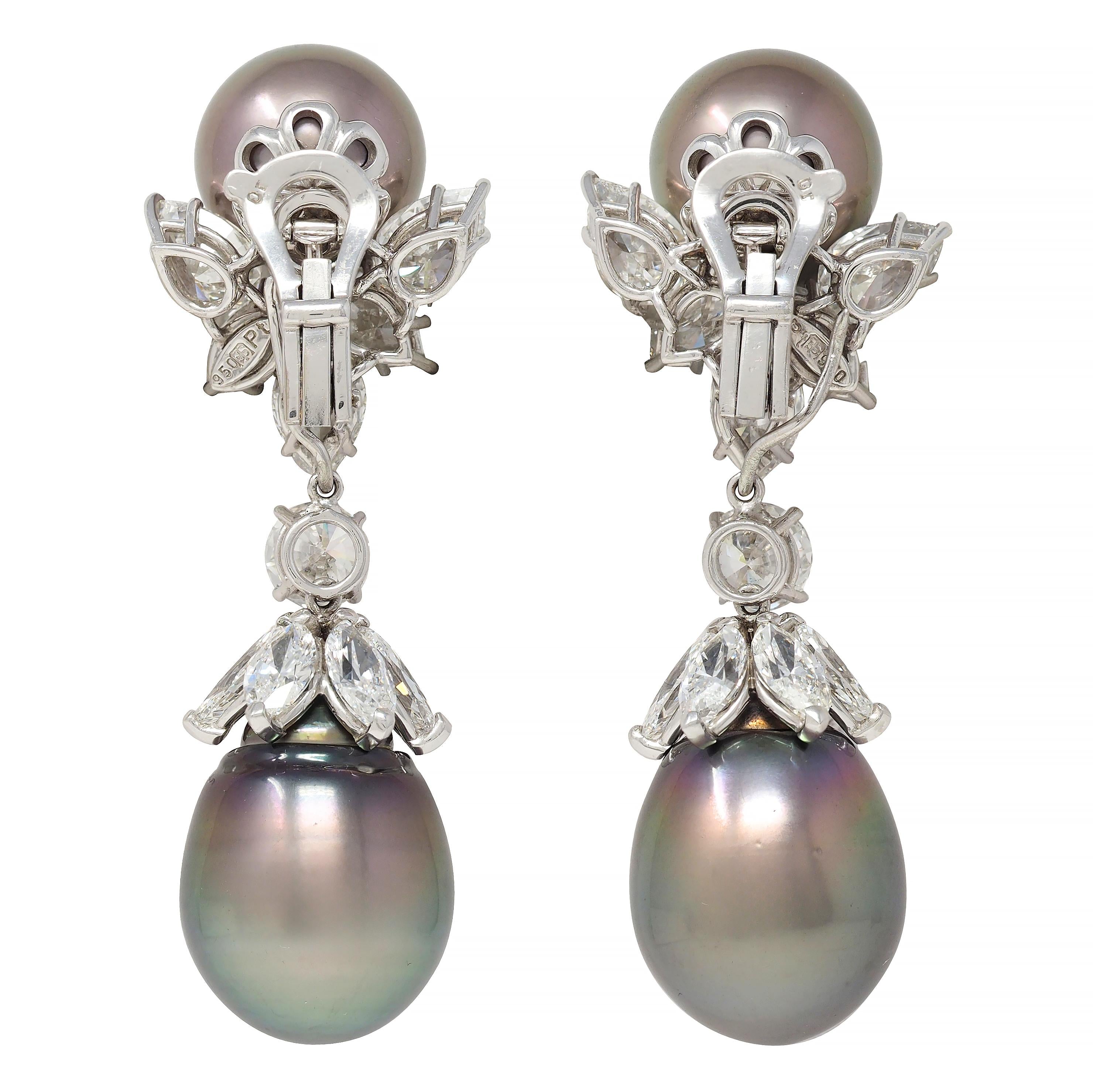 Contemporary 12.50 CTW Diamond Tahitian Pearl Platinum Day Night Drop Earrings