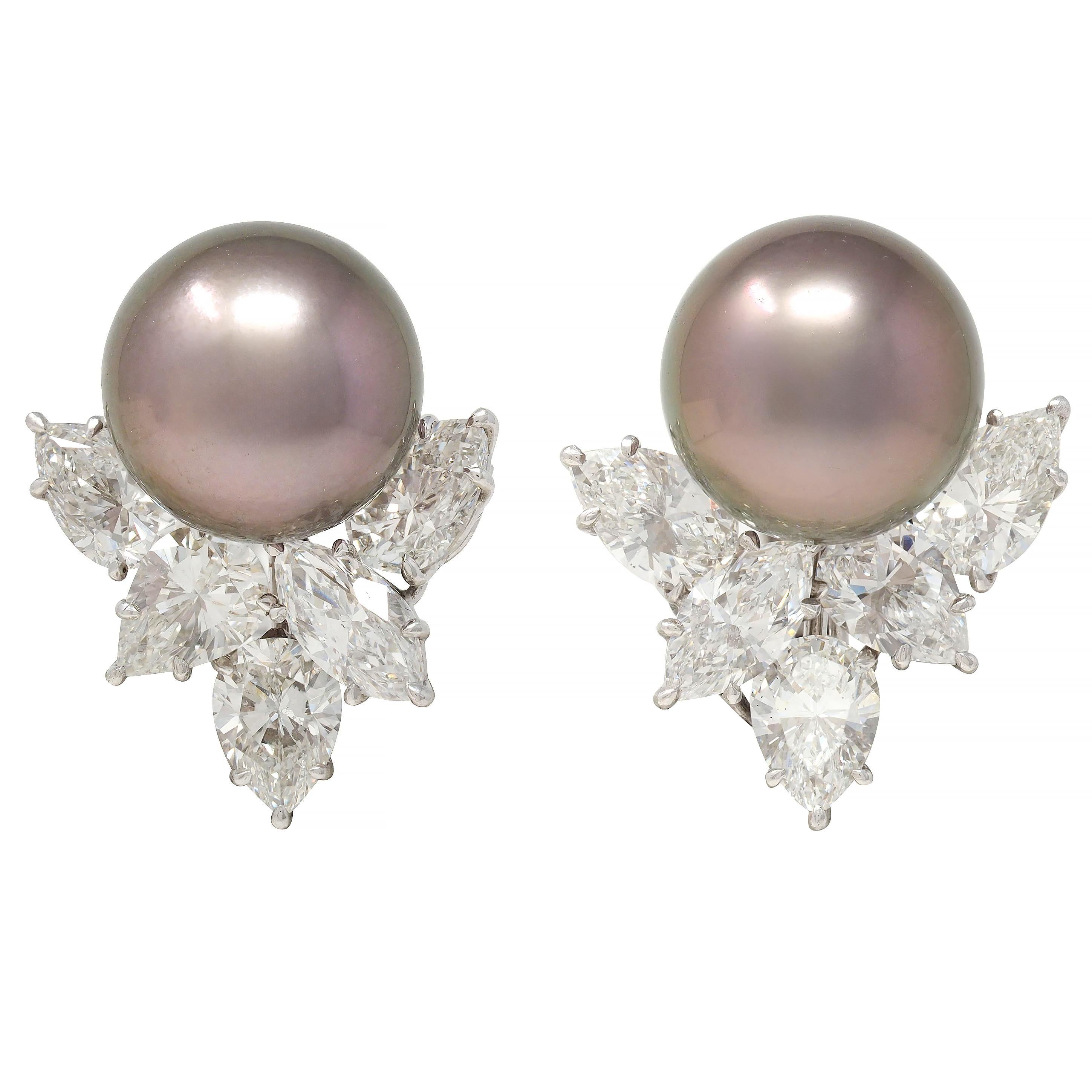 Contemporary 12.50 CTW Diamond Tahitian Pearl Platinum Day Night Drop Earrings