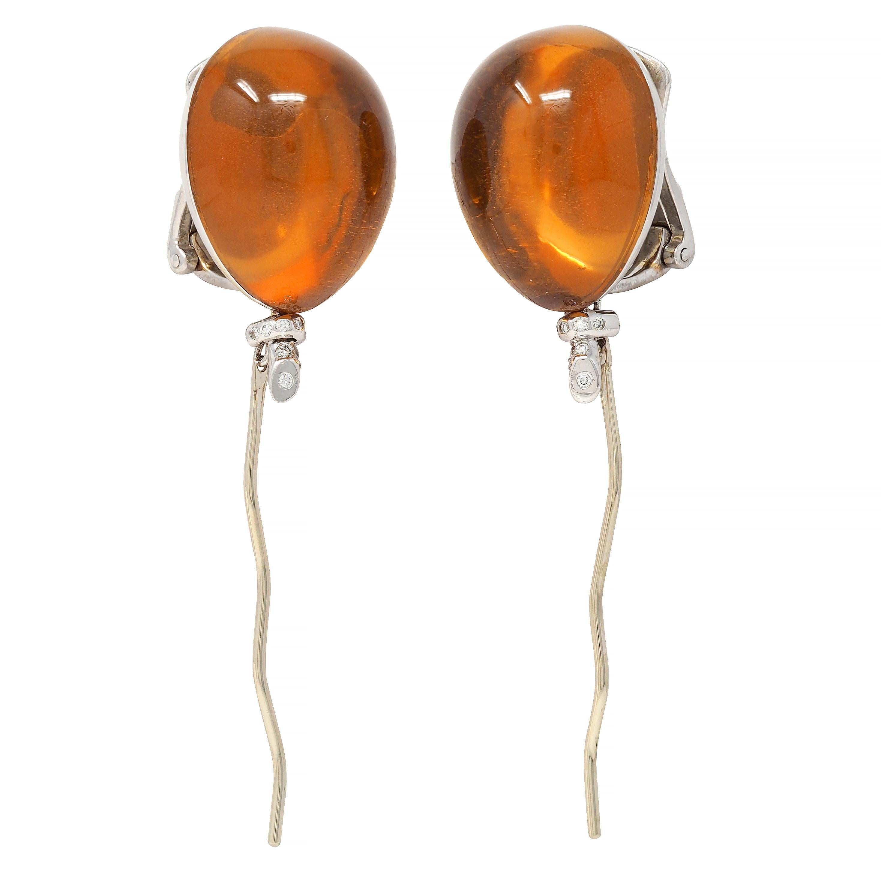 Contemporary Diamond Citrine 18 Karat White Gold Balloon Ear-Clips Earrings