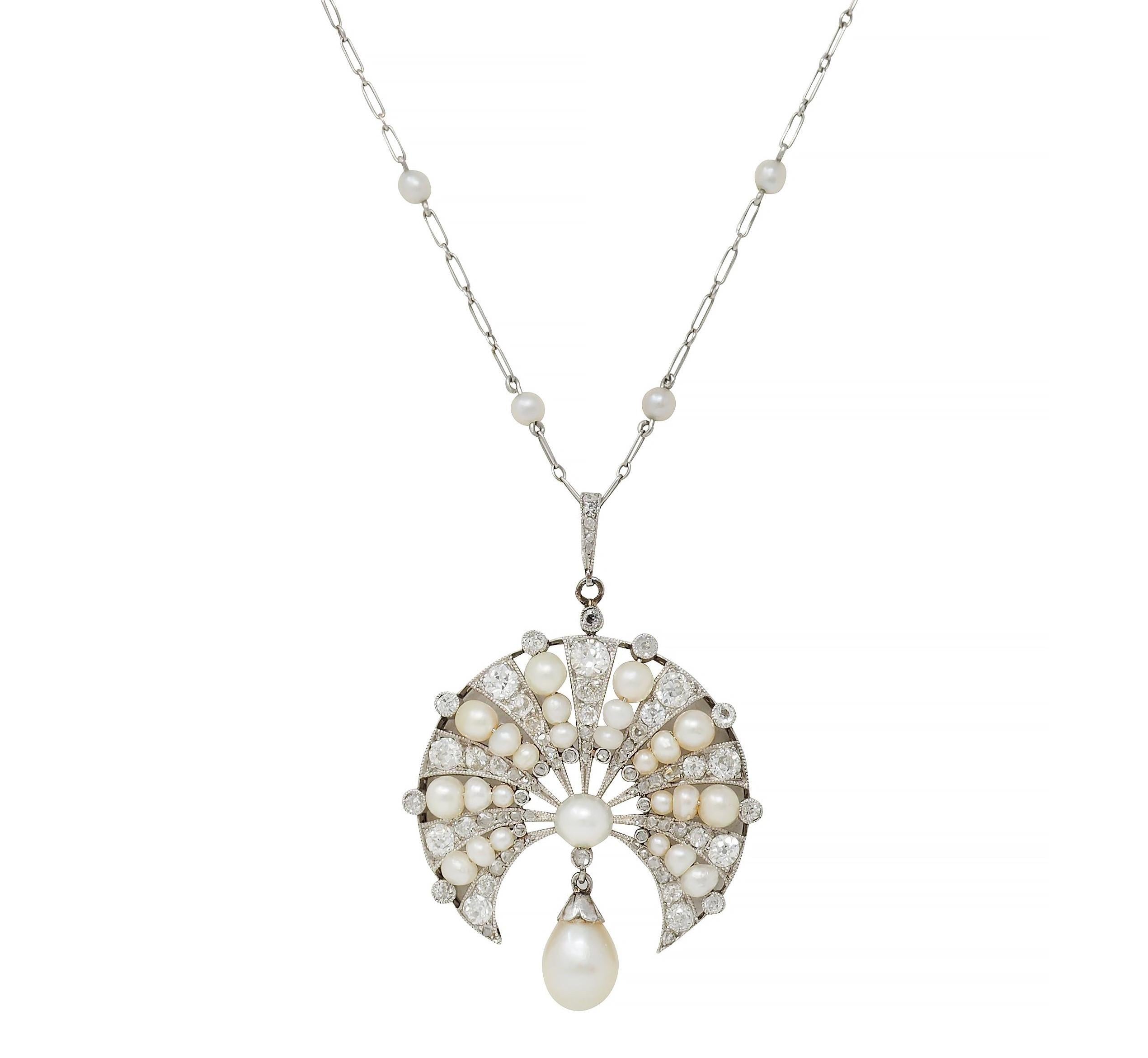 Art Deco French Diamond Natural Pearl Platinum Antique Fan Pendant Necklace