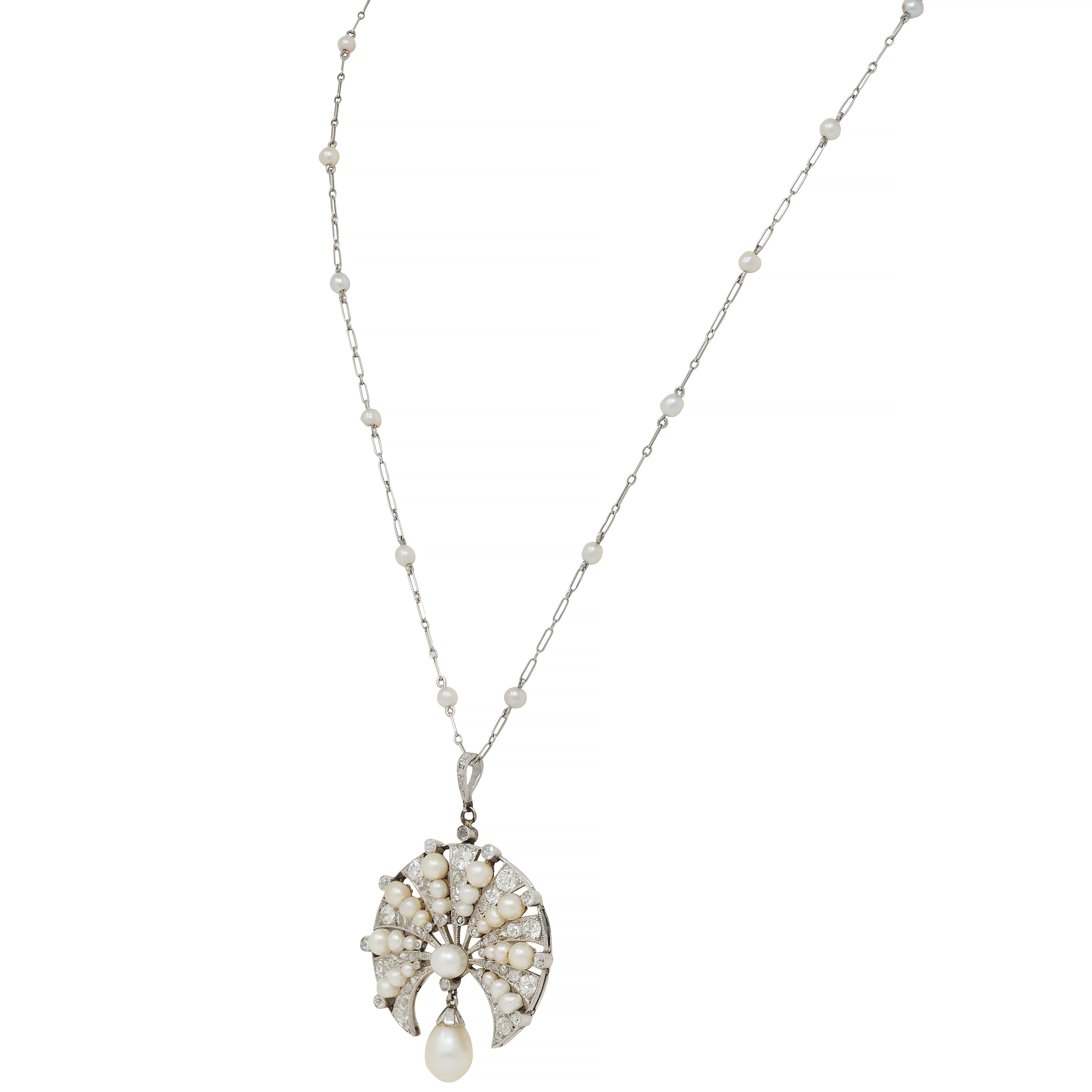 Art Deco French Diamond Natural Pearl Platinum Antique Fan Pendant Necklace