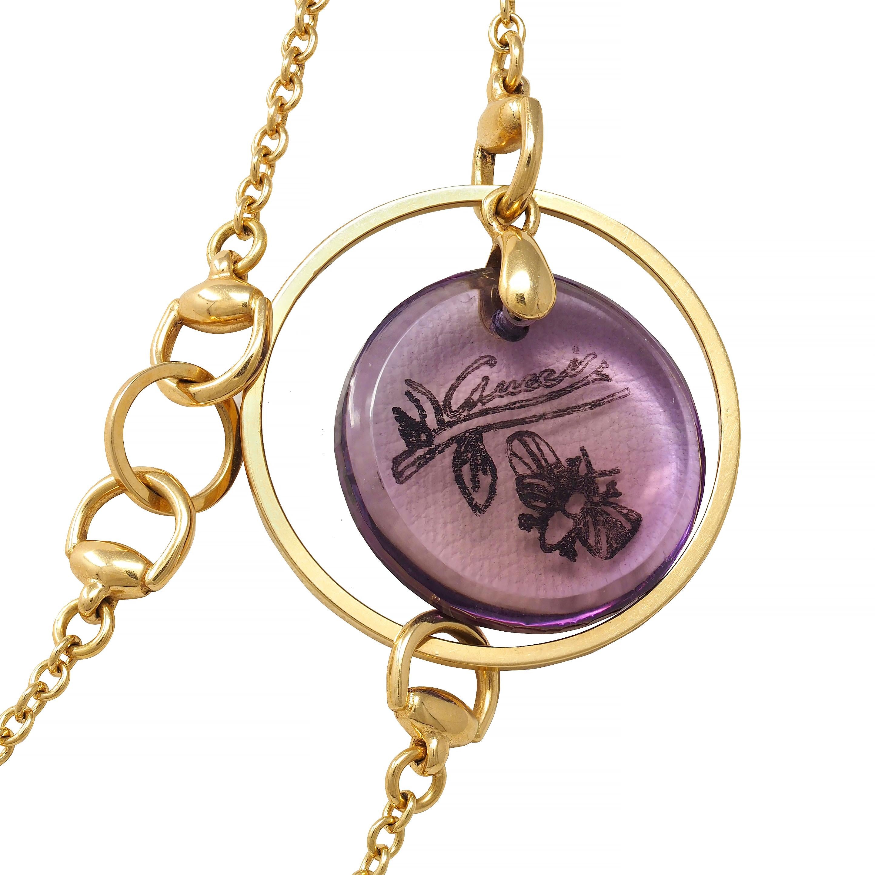 Gucci 2000's Amethyst 18 Karat Yellow Gold Flora Bee Horsebit Station Necklace