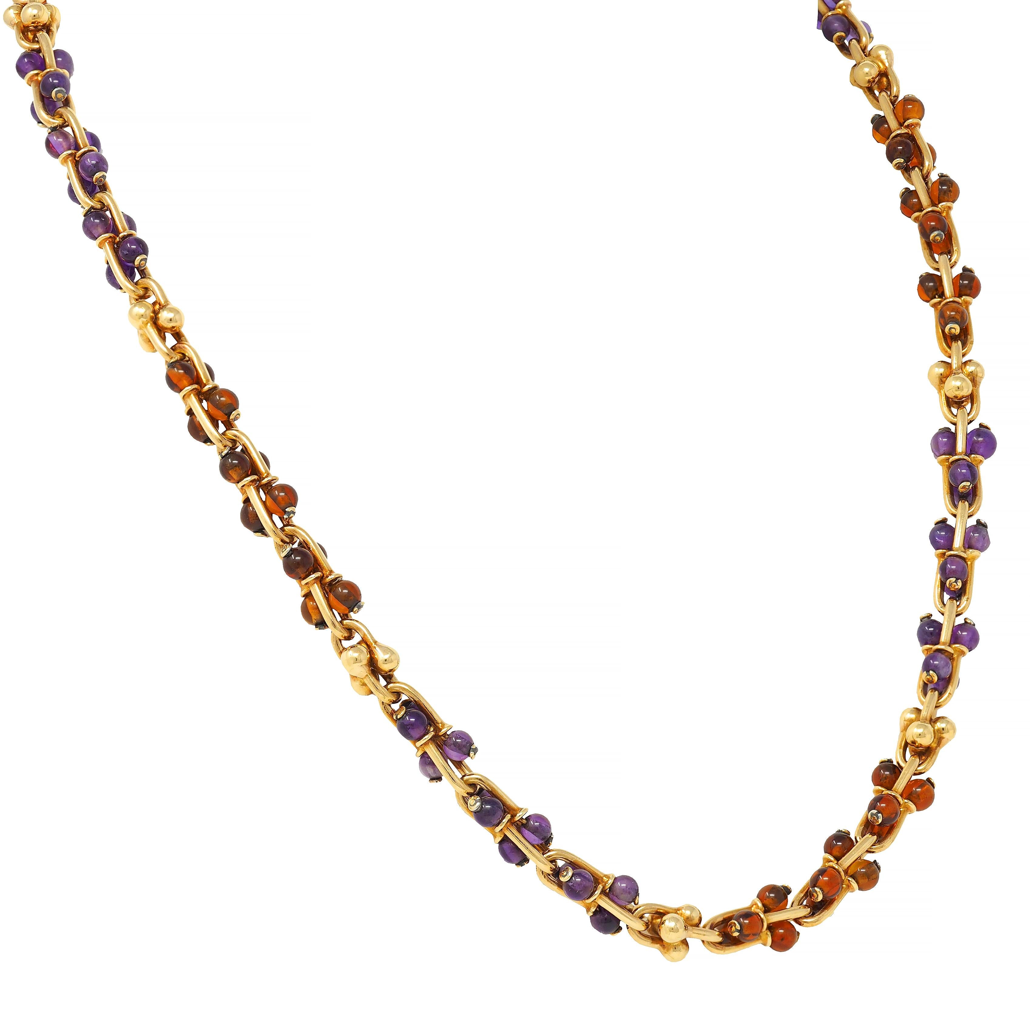 Bulgari 1990s Amethyst Citrine 18K Gold Vintage Beaded Gauge Link Necklace