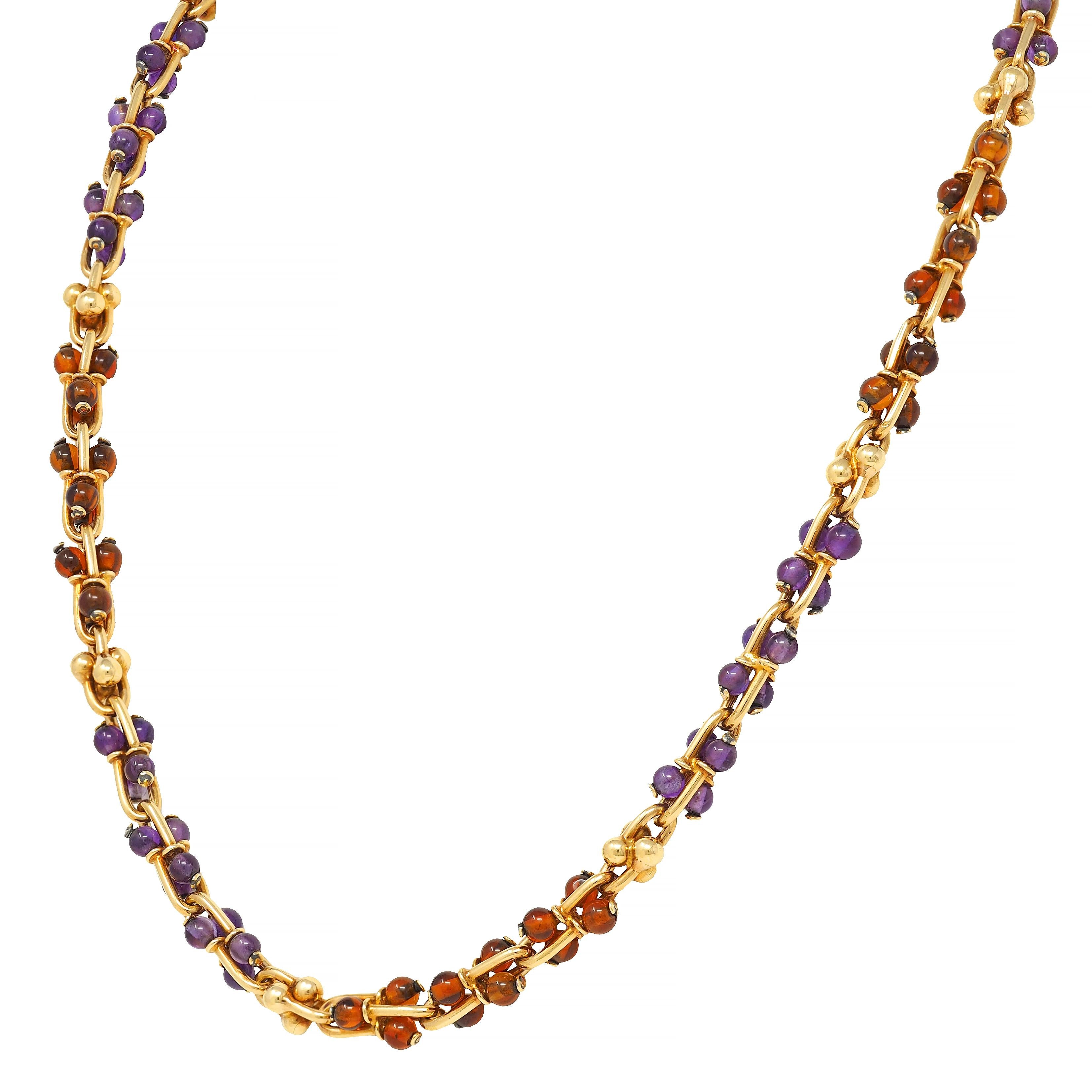 Bulgari 1990s Amethyst Citrine 18K Gold Vintage Beaded Gauge Link Necklace