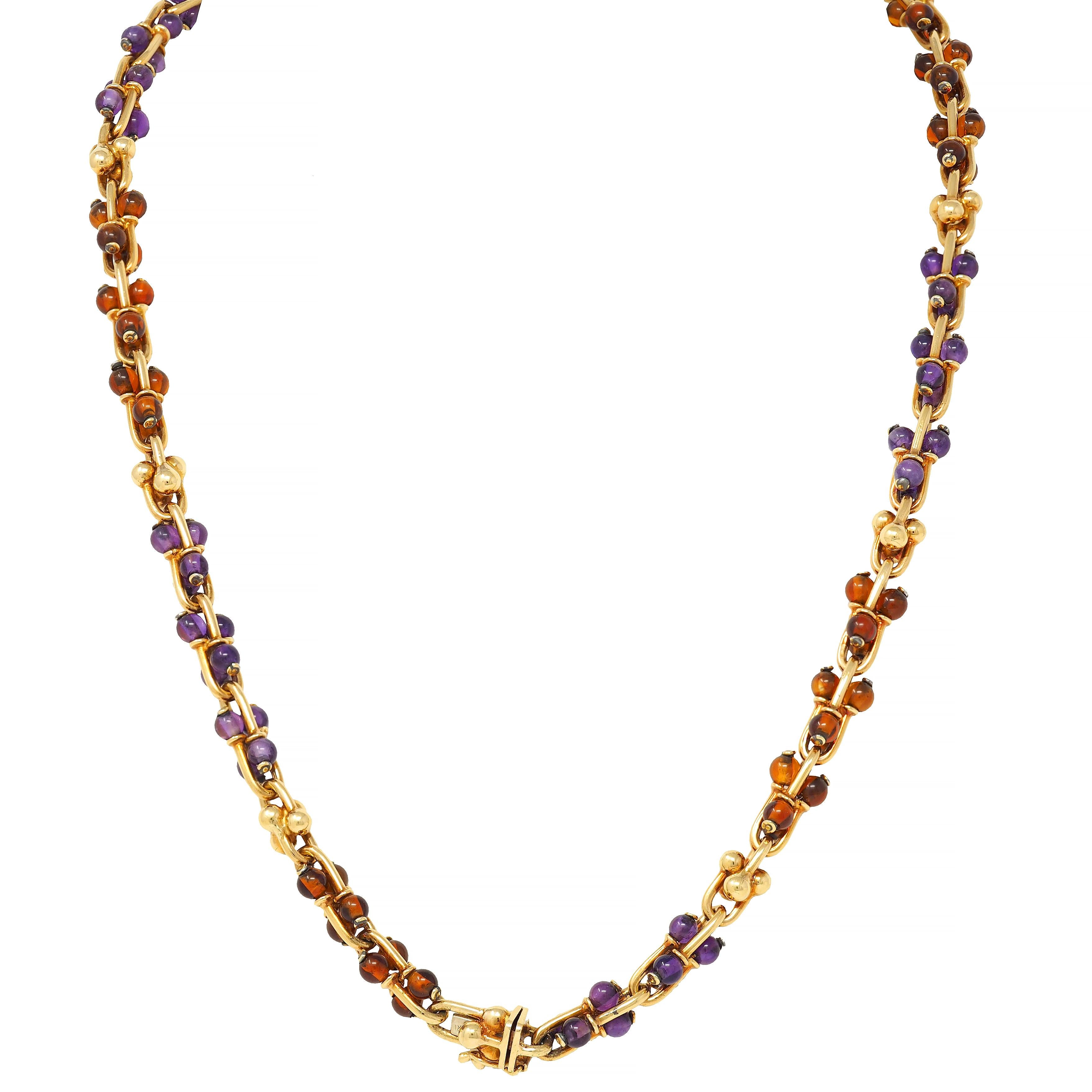 Bulgari 1990s Amethyst Citrine 18K Gold Vintage Beaded Gauge Link Necklace