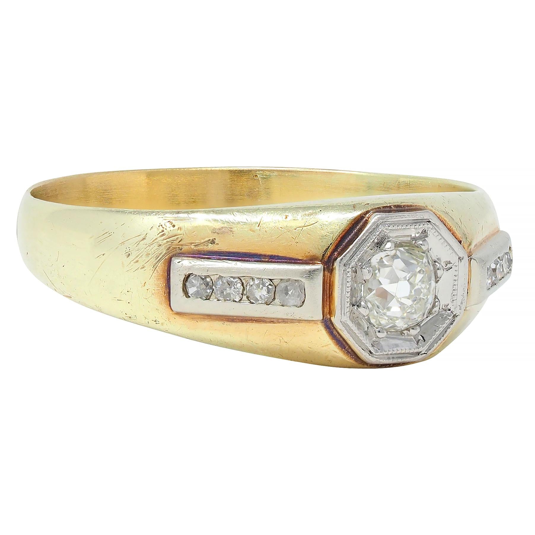 Art Deco Mine Cut Diamond Platinum 15K Yellow Gold Antique Unisex Ring