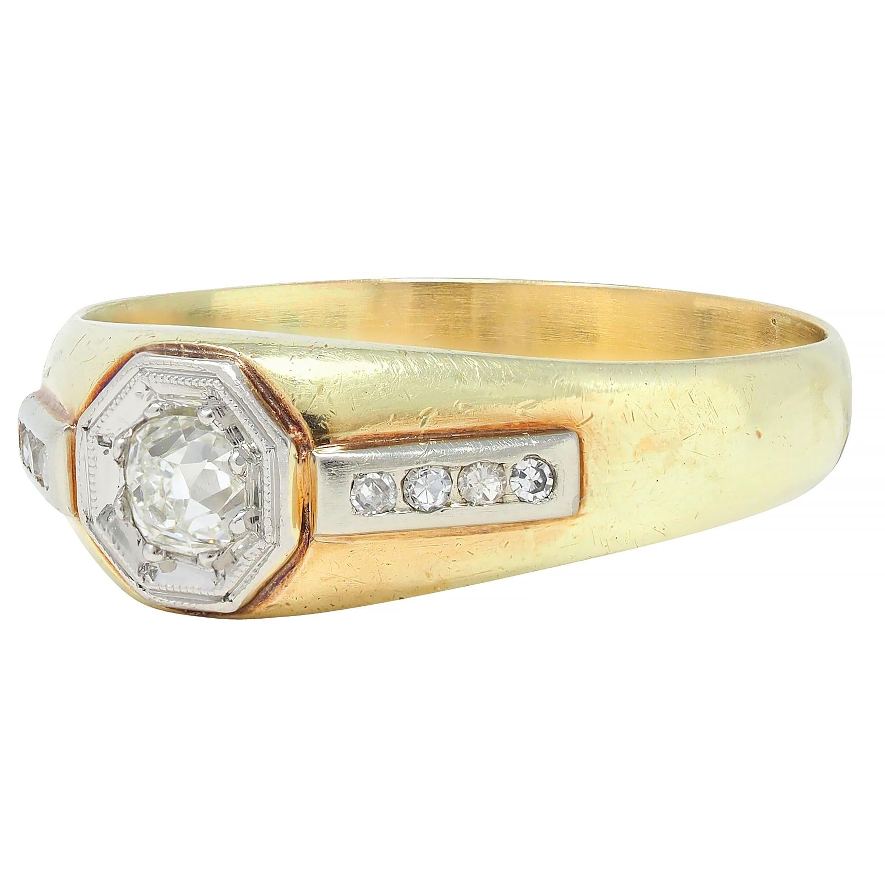 Art Deco Mine Cut Diamond Platinum 15K Yellow Gold Antique Unisex Ring