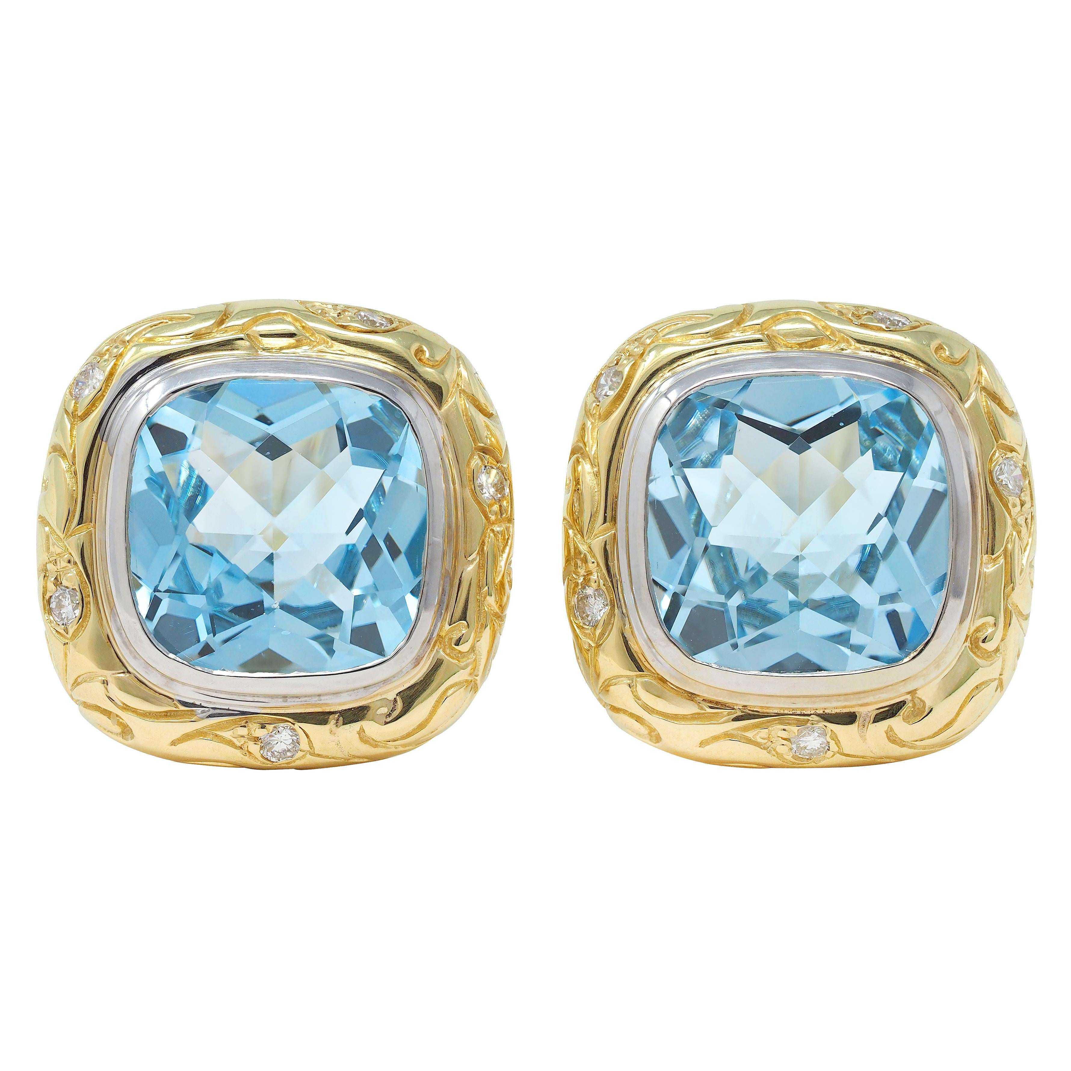 SeidenGang Blue Topaz Diamond 18K Gold Vintage Cushion Ear-Clip Earrings