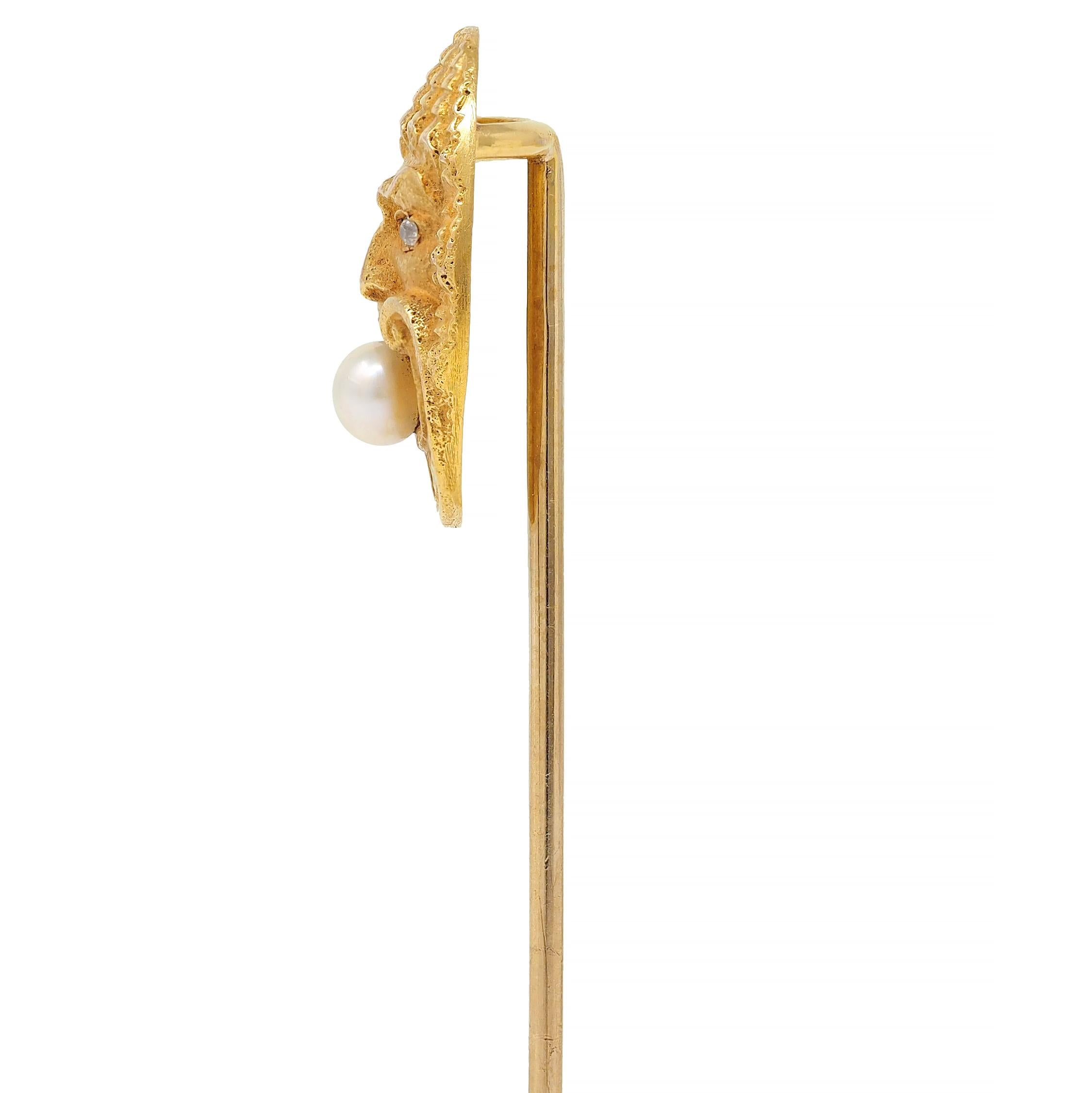 Victorian Diamond Pearl 14 Karat Yellow Gold Antique God Of Wind Stickpin