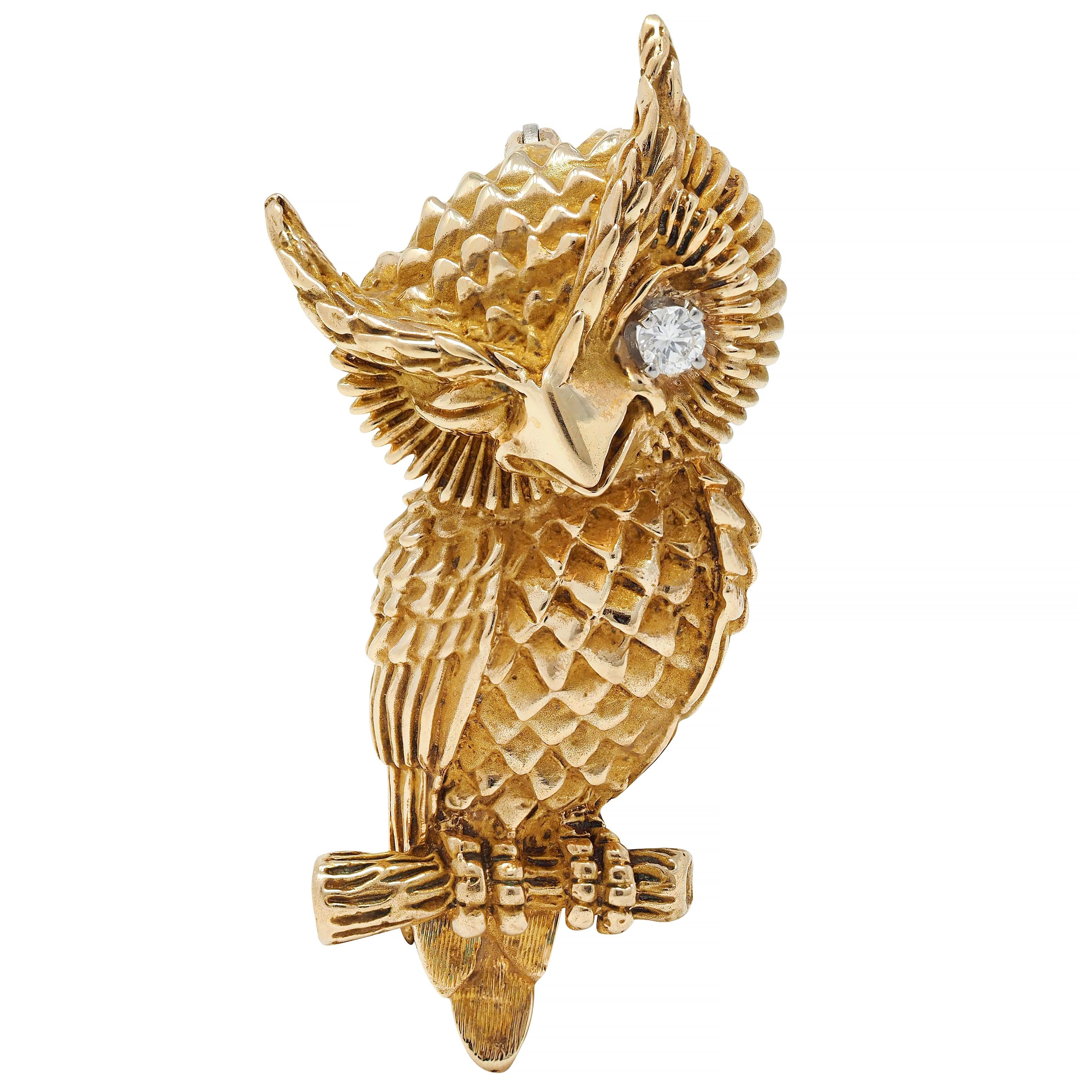 Dan Frere 1970's Diamond 14 Karat Yellow Gold Vintage Owl Bird Brooch