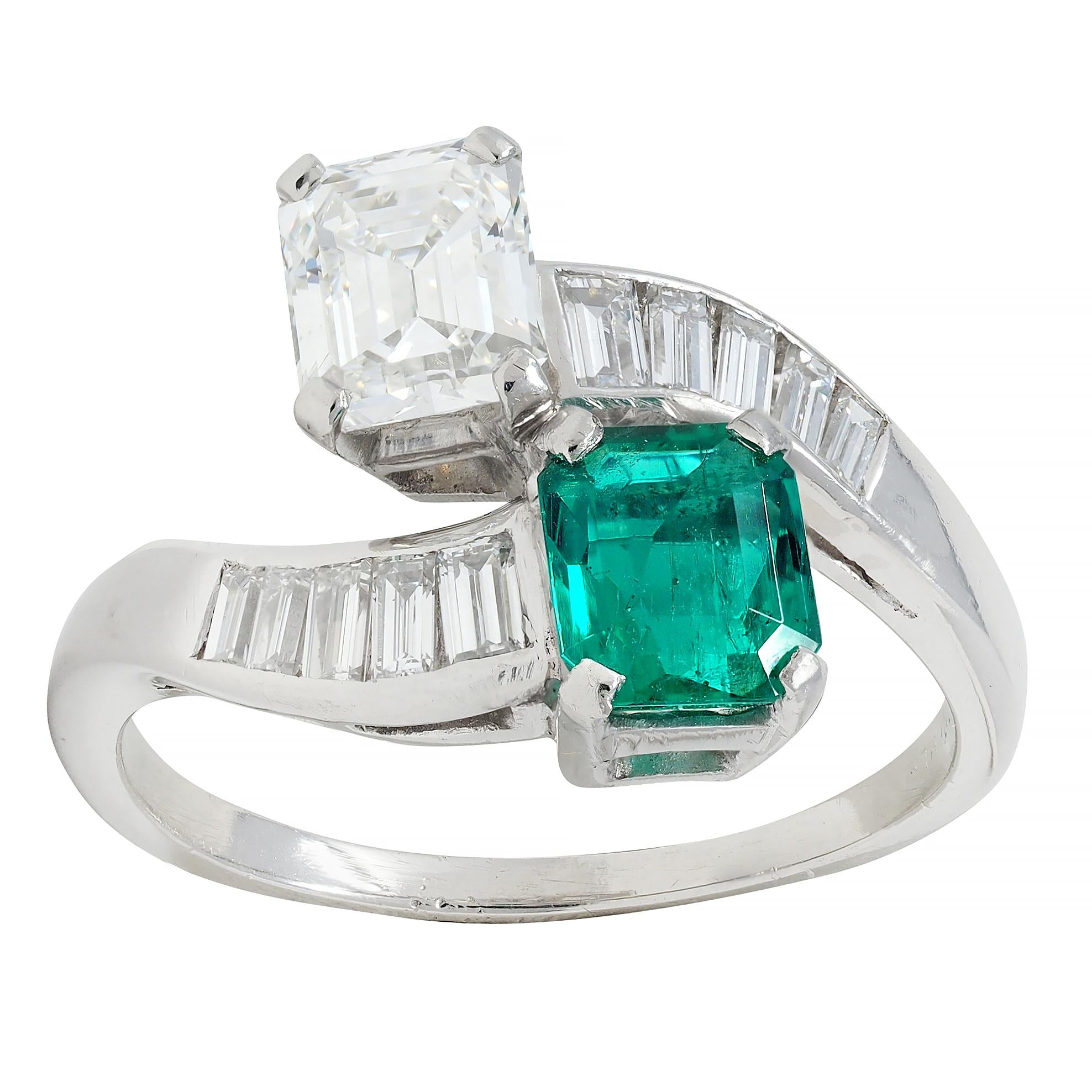 1980's Emerald Diamond Platinum Vintage Toi-Et-Moi Bypass Engagement Ring