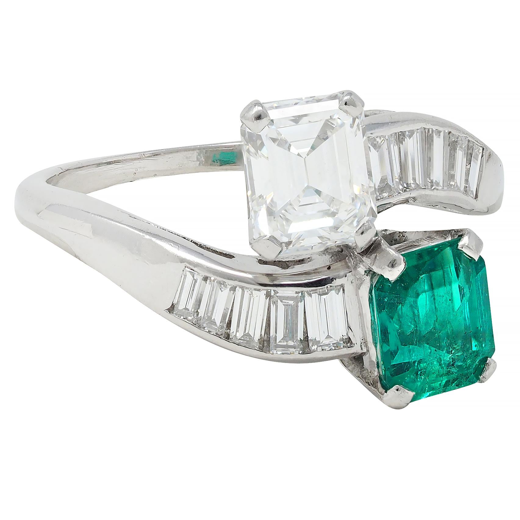 1980's Emerald Diamond Platinum Vintage Toi-Et-Moi Bypass Engagement Ring